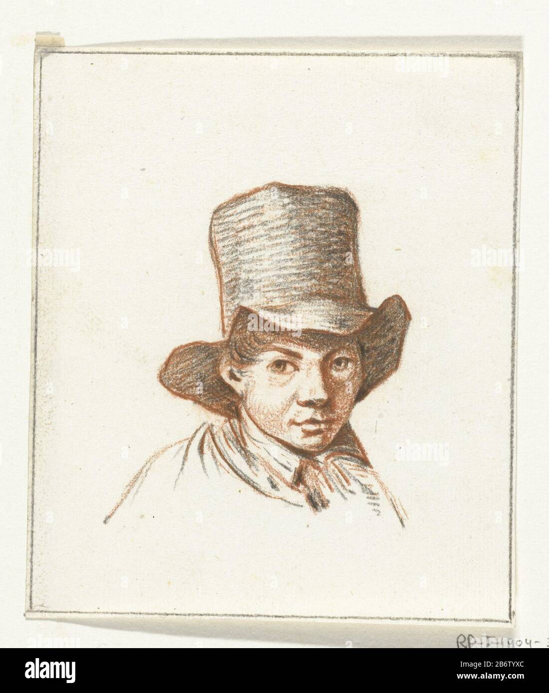 Hoofd van jongen traf hoge möglicherweise einen Entwurf prent. Hersteller: Künstler Jean Bernard Datum: CA. 1775 - ca. Technische Merkmale: Bleistiftrote Kreide, mit schwarzem Kreidematerial eingerieben: Kreidemaße des Papierbleistifts: H 116 mm × W 98 mm Betreff: Kopfbedeckung: Hut (+ Herrenbekleidung) Stockfoto