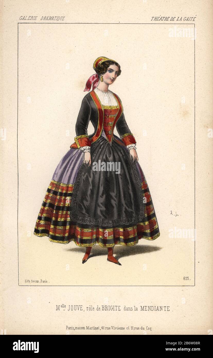 Mlle. Jouve in der Rolle der Brigite in "La Mendiante" am Theater de la Gaite. Handkolorierte lithograph von Alexandre Lacauchie aus der Galerie Dramatique: Kostüme des Theatres de Paris" Ca. 1860. Stockfoto