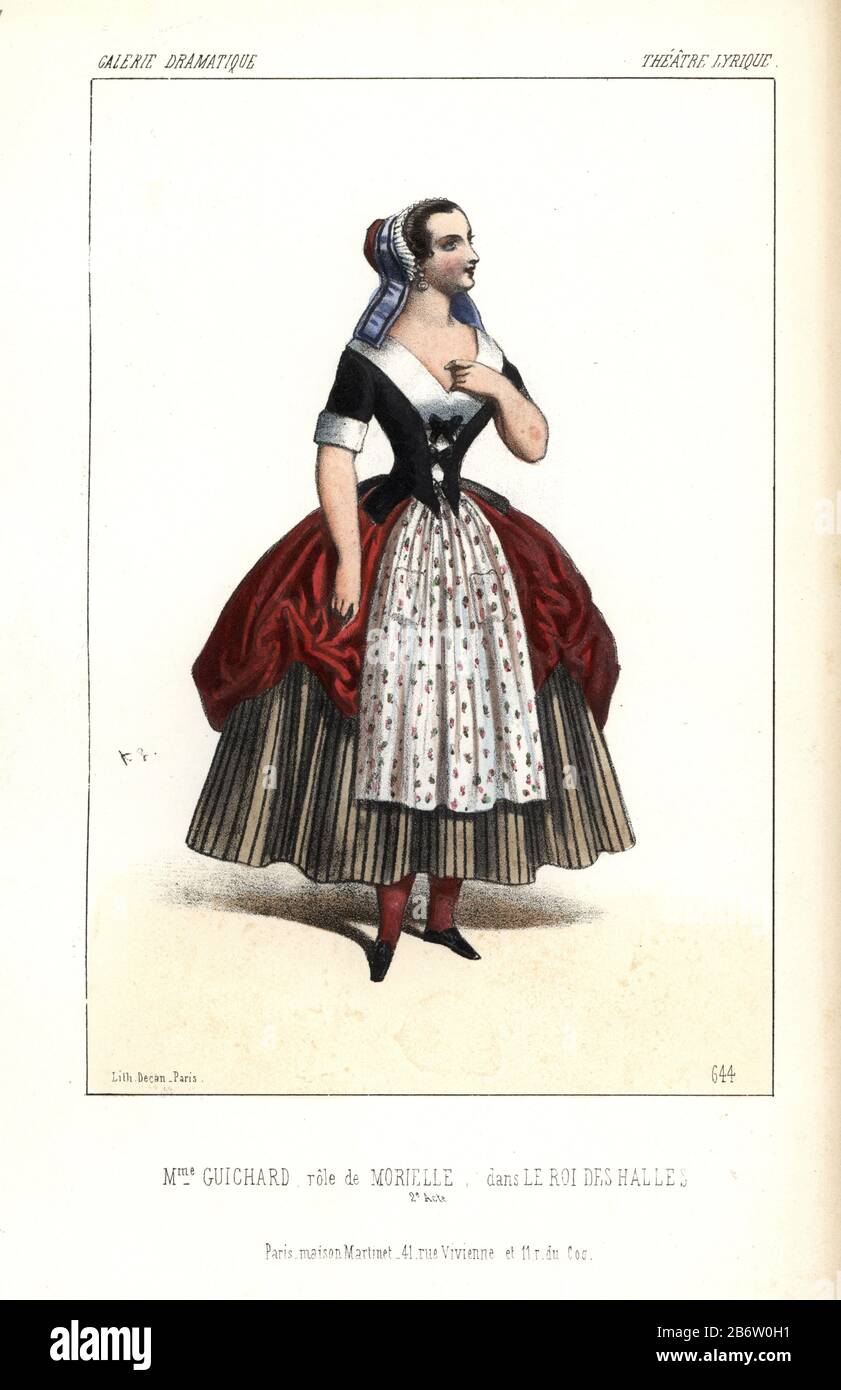 Mme. Guichard als Morielle in "Le Roi des Halles" am Theater Lyrique Handkolorierte lithograph von Alexandre Lacauchie aus der "Galerie Dramatique: Kostüme des Theatres de Paris" im Jahr 1853. Stockfoto