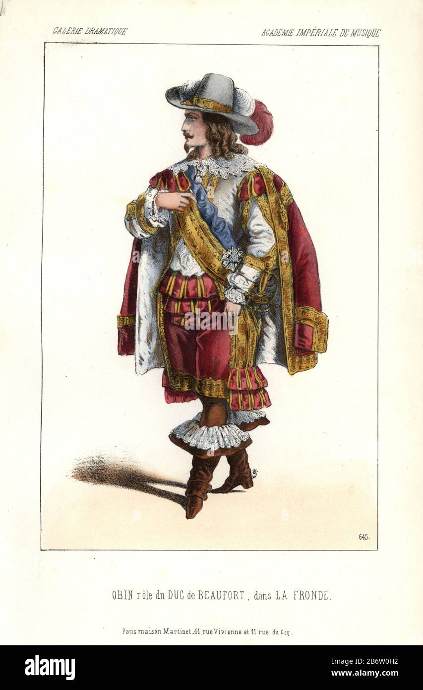 Omin als Duc de Beaufort in Niedermeyers 'La Fronde' an der Academie Imperiale de Musique. Der französische Bassopersänger Louis-Henri Obin (1820-1895) wurde später Professor am Pariser Conservatorium. Handkolorierte lithograph von Alexandre Lacauchie aus der 'Galerie Dramatique: Kostüme des Theatres de Paris' von 185.1. Stockfoto