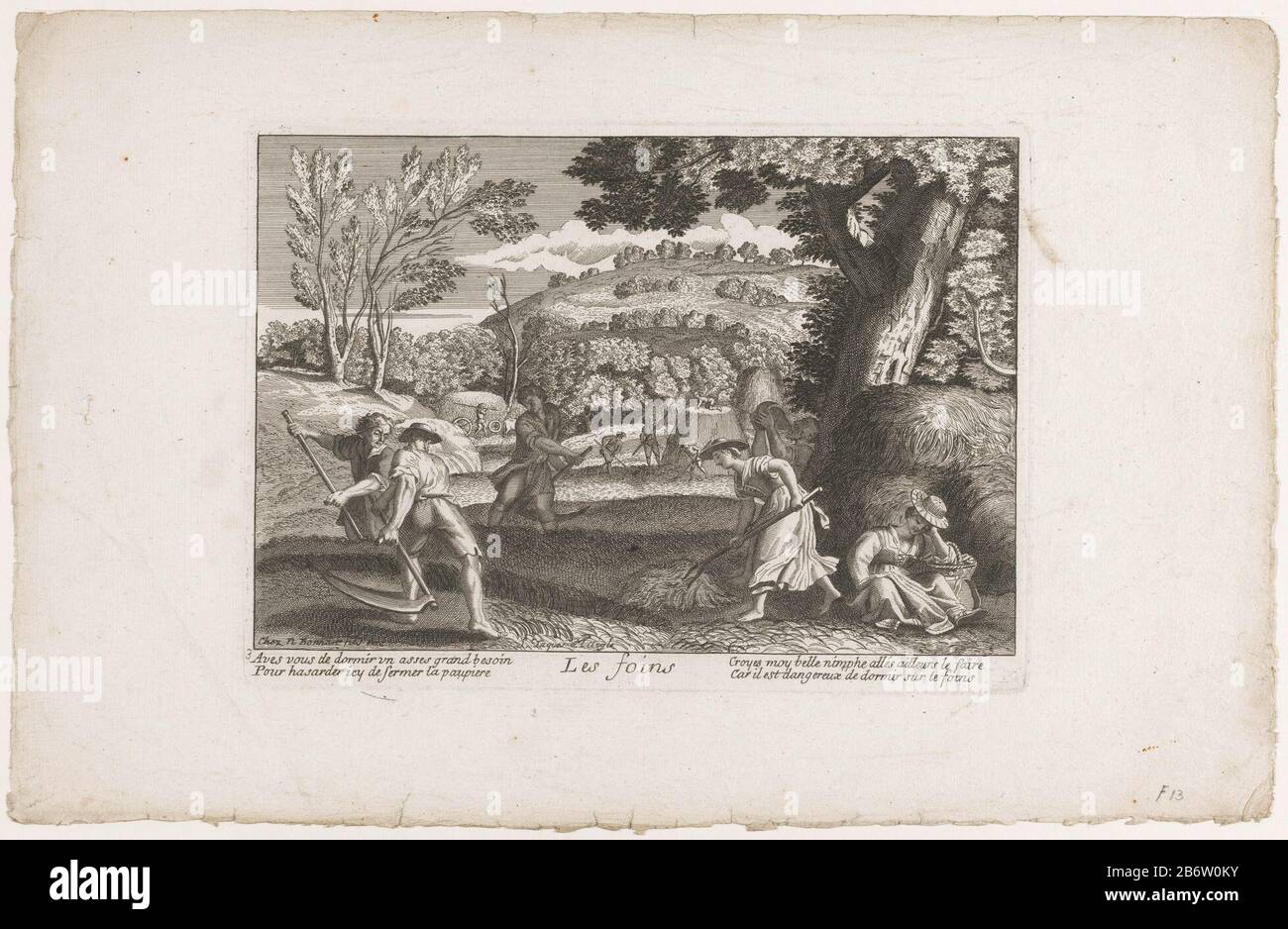 Hooiende boeren Les foins (titel op object) Links Zugewiesen: 3. Hersteller : Druckmaschine: Anonymer Verleger: Nicolas Bonnart (Fils) (denkmalgeschütztes Gebäude) Ort Herstellung: Druckmaschine: Frankreich Herausgeber: Paris Datum: 1698 - 1762 Material: Papiertechnik: Ätzung / Engras (Druckverfahren) Abmessungen: Plattenkante: H 188 mm × W 262 mm Betreff: Ernte  von landwirtschaftlichen Produkten und Nebenprodukten: Heuhaufen landwirtschaftliche Arbeitsgeräte: Scythe landwirtschaftliche Arbeitsgeräte: Pitchfork Stockfoto