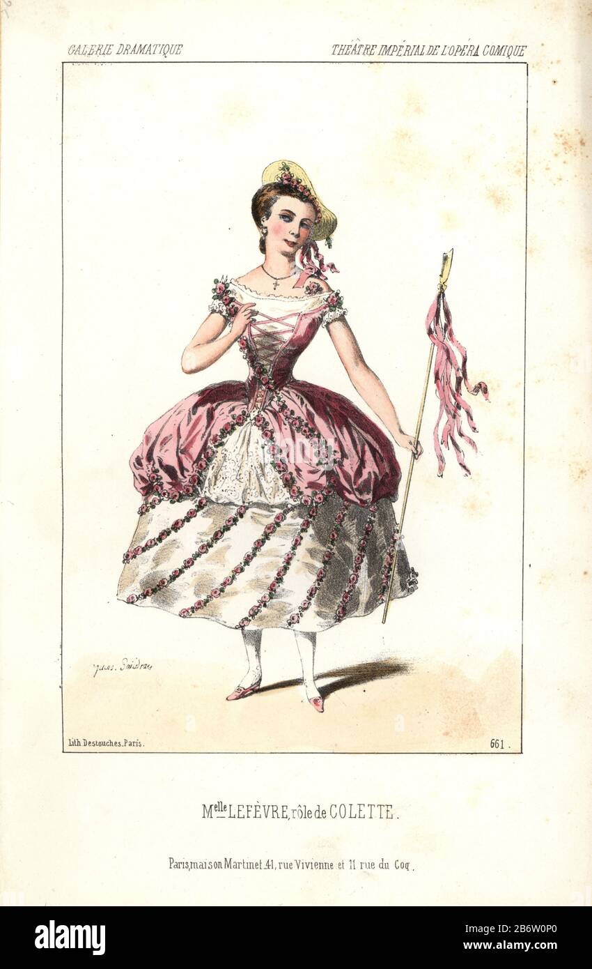 Mlle. Lefevre als Colette am Theater Imperial de l'Opéra Comique. Sie trägt eine Schäferin Outfit mit rosa Oberteil und Rock über einem weißen Rock, alle mit Rosen getrimmt. Constance-Caroline Lefebvre (1828-1905) war eine französische Schauspielerin und Sängerin. Papierkörbe Lithographie von Alexandre Lacauchie von 'Galerie Dramatique: Kostüme des Theater de Paris 1853. Stockfoto