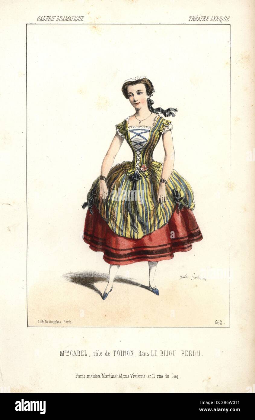 Mme. Kabel als Toinon in Adolphe Adam' Le Bijou Perdu' am Theater Lyrique. Marie-Josephe Kabel (1827-1885) war ein belgischer Sopran Oper Sänger, der in Paris, England und Belgien bis 1877 durchgeführt, aber starb in einer psychiatrischen Klinik. Papierkörbe Lithographie von Alexandre Lacauchie von 'Galerie Dramatique: Kostüme des Theater de Paris 1853. Stockfoto