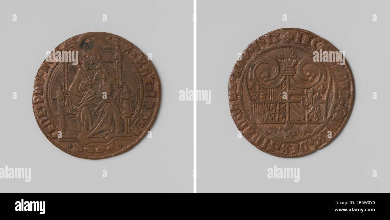 Koperen Penning. Voorzijde: Portret van Karel de Grote, zitierend op troon traf Zepter in rechts- en rijksappel in linkerhand binnen omschrift. Keerzijde: Wappenschild in vorm van Grote vuurslag binnen omschrift Hersteller: AnoniemPlaats Herstellung: Nederland dating: 1512 Physische Kenmerken: Koper Material: Koper Techniek: Slaan Abmessungen: D 2,7 cm. × g 3,52 grOnderwerpwie: Karel V van Habsburg (Duits keizer en koning van Spanje)Karel de Grote (keizer van het Heilige Roomse Rijk)Raad van Financiën Stockfoto