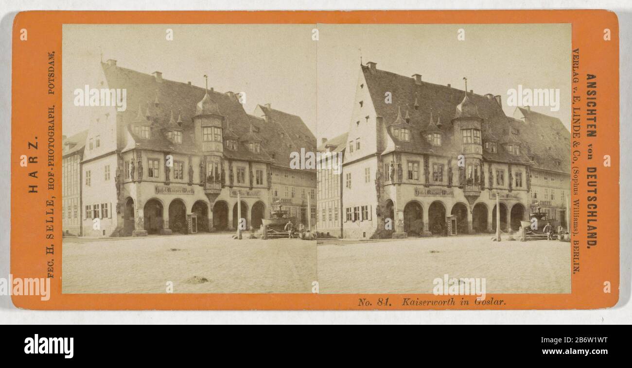 Hotel Kaiserworth in Goslar Kaiserworth in Goslar (titel op object) Ansichten von Deutschland Harz (serietitel op object) Hotel Kaiserworth in GoslarKaiserworth in Goslar (title object) Ansichten von Deutschland/Harz (Series title object) Objekttyp: Stereobild Artikelnummer: RP-F13458 Aufschriften/Marken: Number, recto, Printed: 'No 81.'opschrift, recto, printed: 'Hof-Photograph. Potsdam.' Hersteller : Fotograf: Hermann Selle (denkmalgeschütztes Gebäude) Verleger: Linde & Co. (Sophus Williams), E. (denkmalgeschütztes Eigentum) Herstellung: Fotograf: Goslaruitgever: Berlin Datum: 224-1 Stockfoto