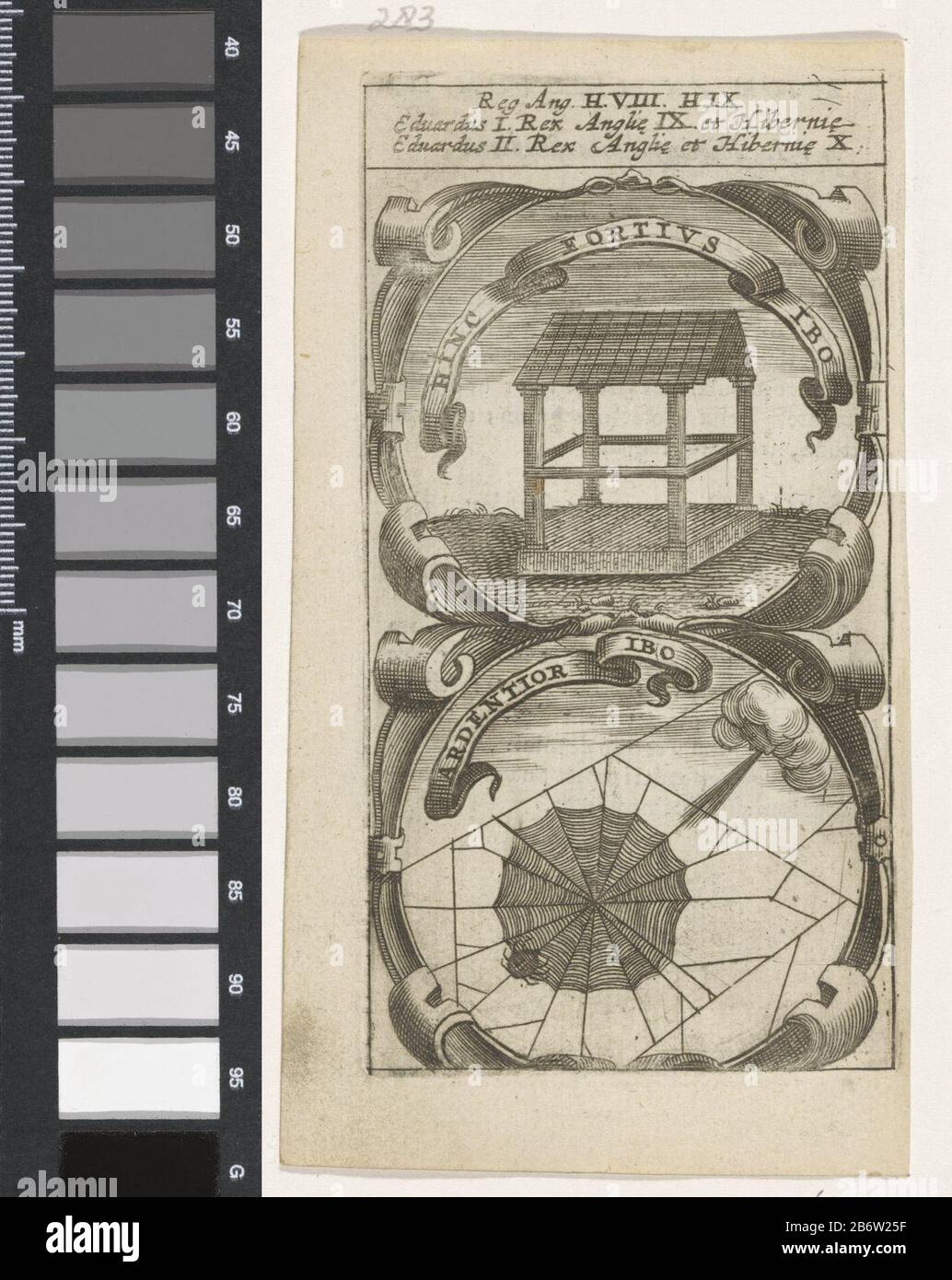 Houten Bouwsel Wind blaast tegen een spinnenwebed Hinc Fortius Ibo Ardentior Ibo (titel op object) Symbola Divina et Humana Pontificum Imperatorum Regum (serietitel) Een embleem met twee voorstellingen. Boven een houten Bouwsel of huis. Onder een spinnenWeb. De Wind blaast er tegen aan. Het bettreffen deviezen van Eduard I. en Eduard II. Van Engeland. Hersteller : Hersteller: Anoniemnaar prent van: Aegidius Sadeler dating: 1666 Physikalische Kenmerken: Tiefdruck; verso traf tekst in boekdrauk Material: Papier Techniek: Graveren (Drukproceé) / boekdrauk Abmessungen: Plaatrand: H 118 mm × b 64 mmToelichtingP Stockfoto