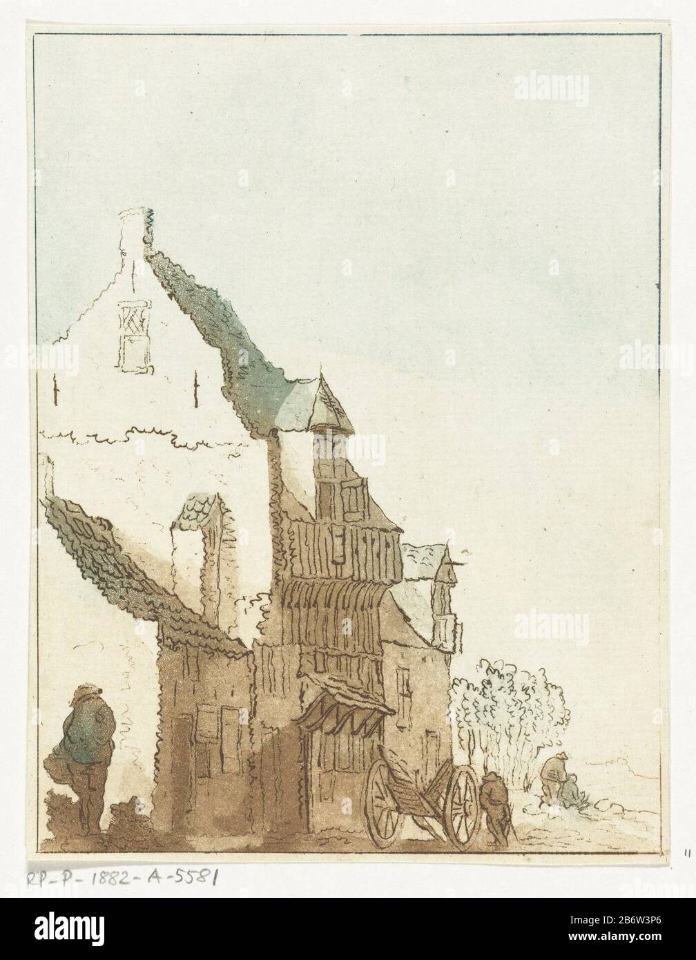 Huis met kruiwagen voor de deur House with Schubkarren Türstürze Objekttyp: Picture Item Number: RP-P-1882-A-5581Catalogusreferentie: Collection Rijksmuseum 2 (2) Hinweis: Basierend auf den Beispielen in der Rijksmuseum Collection Markierungen / Marken: Collector's Mark, Verso, gestempelt: Lugt 2228 Hersteller von bnaar den drucken: Hersteller von bnaar: Bannie van den van den Isaac van Ostade Ort Herstellung: Niederlande Datum: 790-18349 Physische Eigenschaften: Druckzeichnung, Konturlinien werden geätzt, Waschen in Aqua Hue à la poupée in braunem und grünem Material reproduziert: Papiertechnik: Radierung / Aquatint / à l Stockfoto