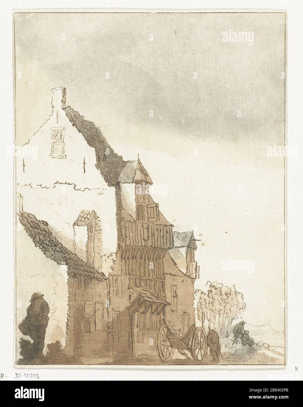 Huis met kruiwagen voor de deur House with Schubkarren Türschwelle Objekttyp: Picture Item Number: RP-P-BI 4003Catalogusreferentie: Collection Rijksmuseum 2 (2) Hinweis: Basierend auf den Beispielen im Rijksmuseum Sammlungsmarkierungen / Marken: Sammlermarke, Verso, gestempelt: Lugt 2228 Hersteller: Druckmaschine: Anthnaar den van den Isaac van Ostade Ort Herstellung: Die Niederlande Datum: 790-18349 Physische Eigenschaften: Druckzeichnung, Konturlinien in Radierung, Waschen in Aqua Hue à la poupée in grauem und braunem Material: Papiertechnik: Ätzung / Aquatint / à la pou Stockfoto
