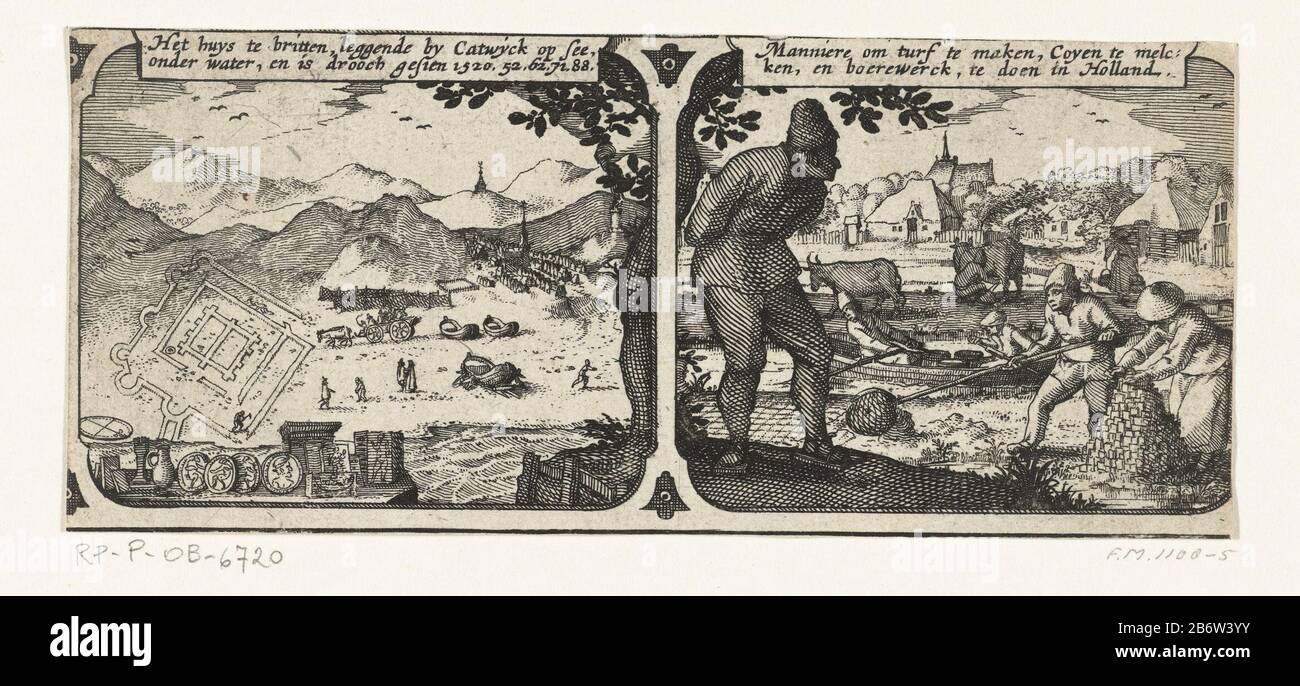 Huis te Britten en boerenwerk in Holland, ca. 1600 Illustraties uit het randwerk bij de kaart van Holland van 1610 (serietitel) Kostüme, Geschäfte und Legenden in Holland, Illustrationen Karte von Holland. Links die Ruinen des Hauses Britten (Die Brittenburg) am Strand von ​​the bei Katwijk, rechts Torfstich, Melkkühe und andere Bauernarbeiten in Holland. Jede Platte mit einer oder zwei Linien beschrij. Hersteller: Druckmaschine: Claes Jansz. Visscher (II), Herausgeber: Pieter van der Time Place Herstellen: Nordholländer Datum: 1608 - 1610 Physische Eigenschaften: Ätzmaterial: Papiertechnik: Etc Stockfoto