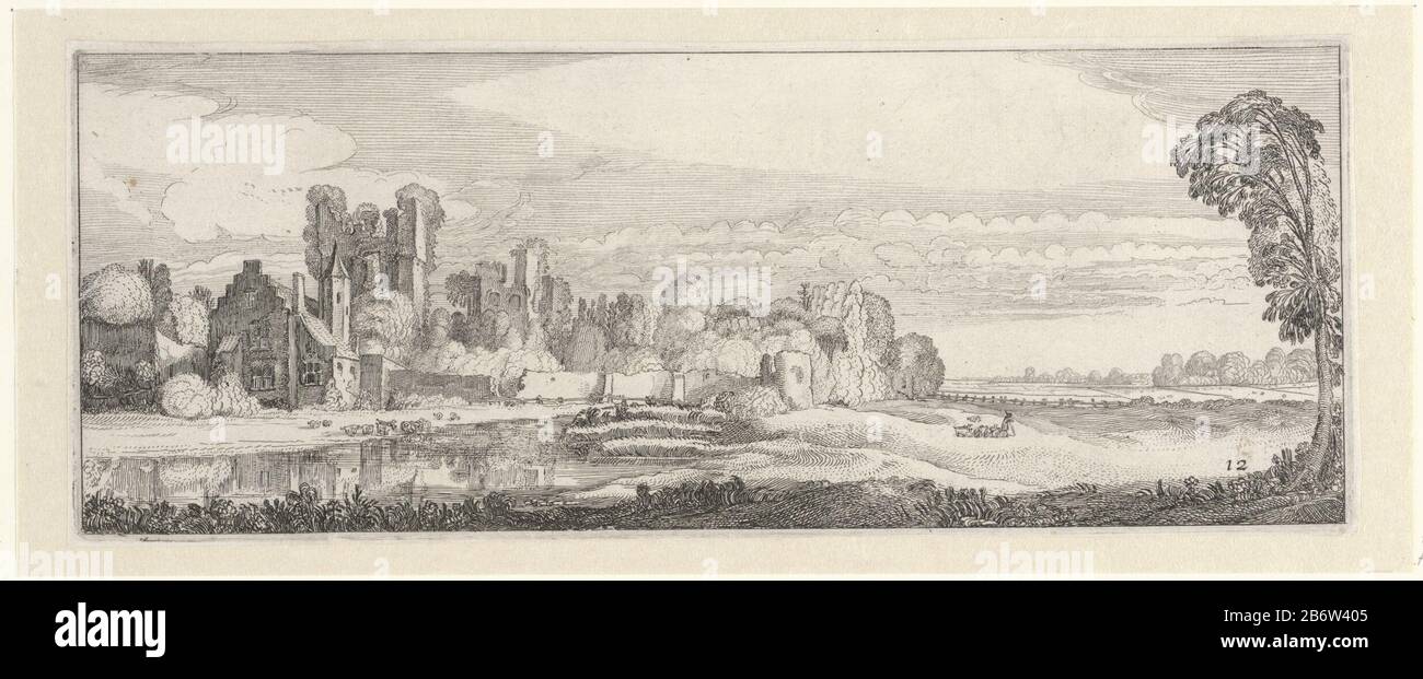 Blick auf das zerstörte Haus in Cleves. Zwölfter Druck eine Reihe von Achttien. Hersteller : Druckhersteller Jan van de Velde (II) in seinem Entwurf: Jan van de Velde (II) Herausgeber: Claes Jansz. Visscher (II) Herausgeber: I. Otten Ort Herstellung: Nordholland Datum: 1615 Physikalische Merkmale: Ätzmaterial: Papiertechnik: Ätzmaße: Plattenkante: H 122 mm × W 315 mm Betreff: Landschaft mit Ruinenwiese, Weide Stockfoto