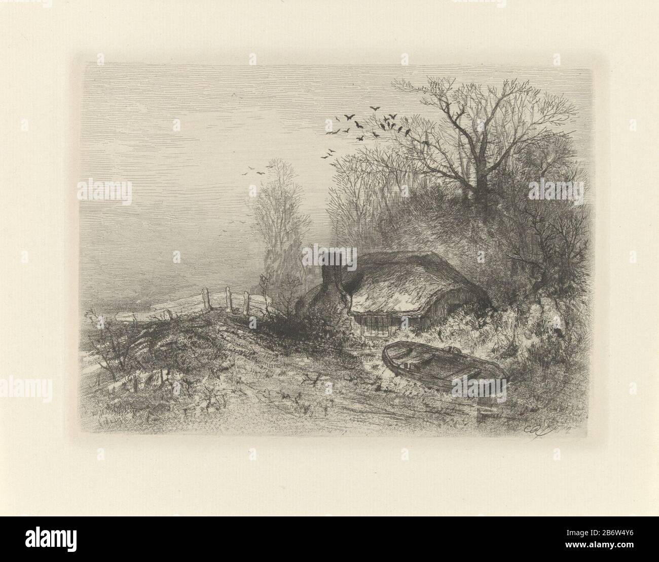 Hütte in einer Landschap Abschüssigen Landschaft mit Hütte und Boot. Über der Hütte eine Gruppe vogels. Hersteller : Druckerhersteller Charles Rochussen (denkmalgeschütztes Eigentum) Ort Herstellung: Niederlande Datum: 241-1894 Physikalische Merkmale: Radierung und Mezzotintmaterial: Papiertechnik: Radierung / Mezzotintmaß: Plattenkante: H 151 mm × W 203 mm Betreff: Bauernhof oder Einzelhaus in Landschaftsaperoat-Boot, Kanu usw. Stockfoto