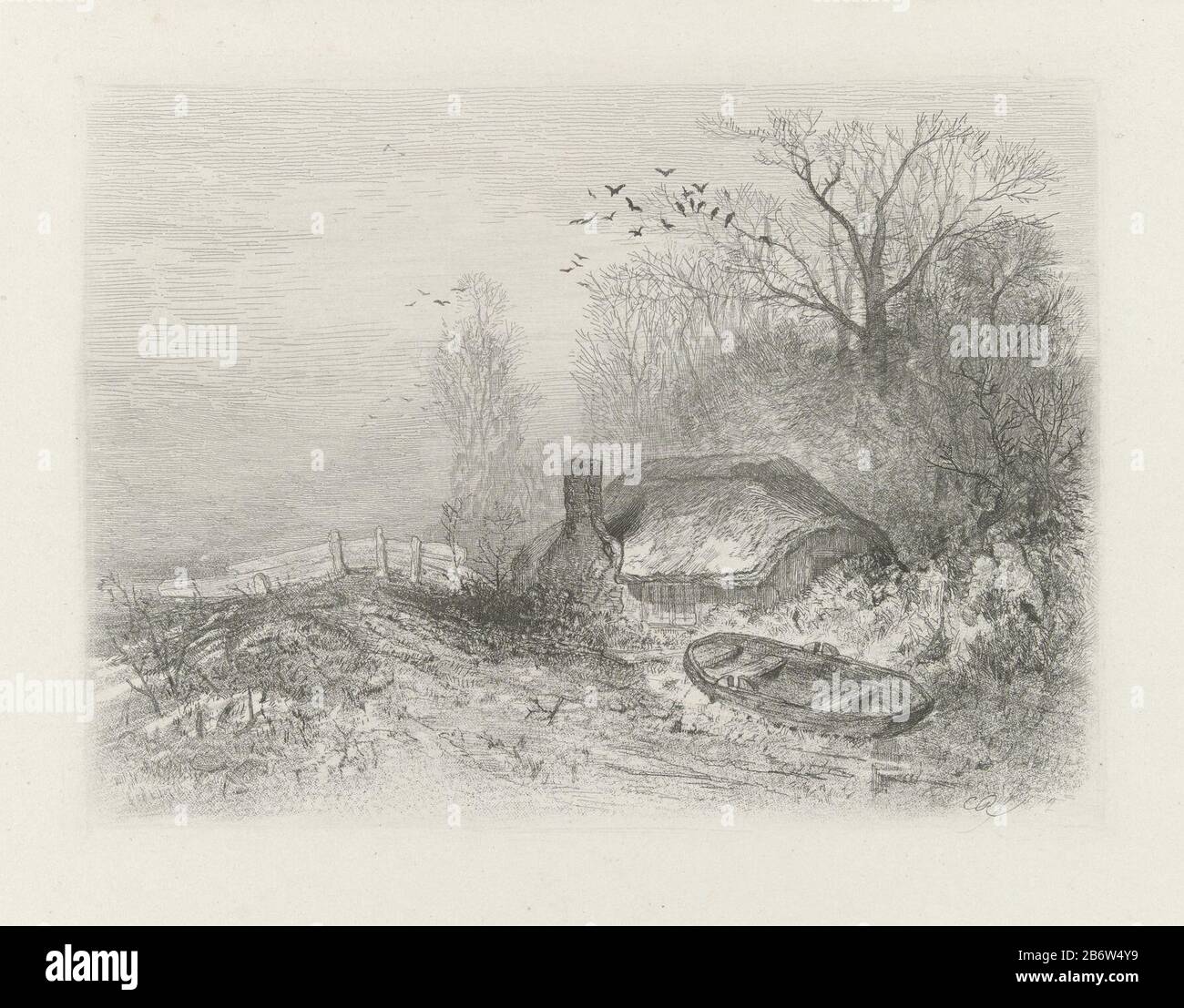 Hütte in einer Landschap Abschüssigen Landschaft mit Hütte und Boot. Über der Hütte eine Gruppe vogels. Hersteller : Druckerhersteller Charles Rochussen Herstellung: Niederlande Datum: 181-1894 Physikalische Merkmale: Radierung und Mezzotinmaterial: Papiertechnik: Radierung / Mezzotinmaße: Plattenkante: H 151 mm × W 203 mm Betreff: Bauernhof oder Einzelhaus in Landschaftsaperoat- Boot, Kanu usw. Stockfoto