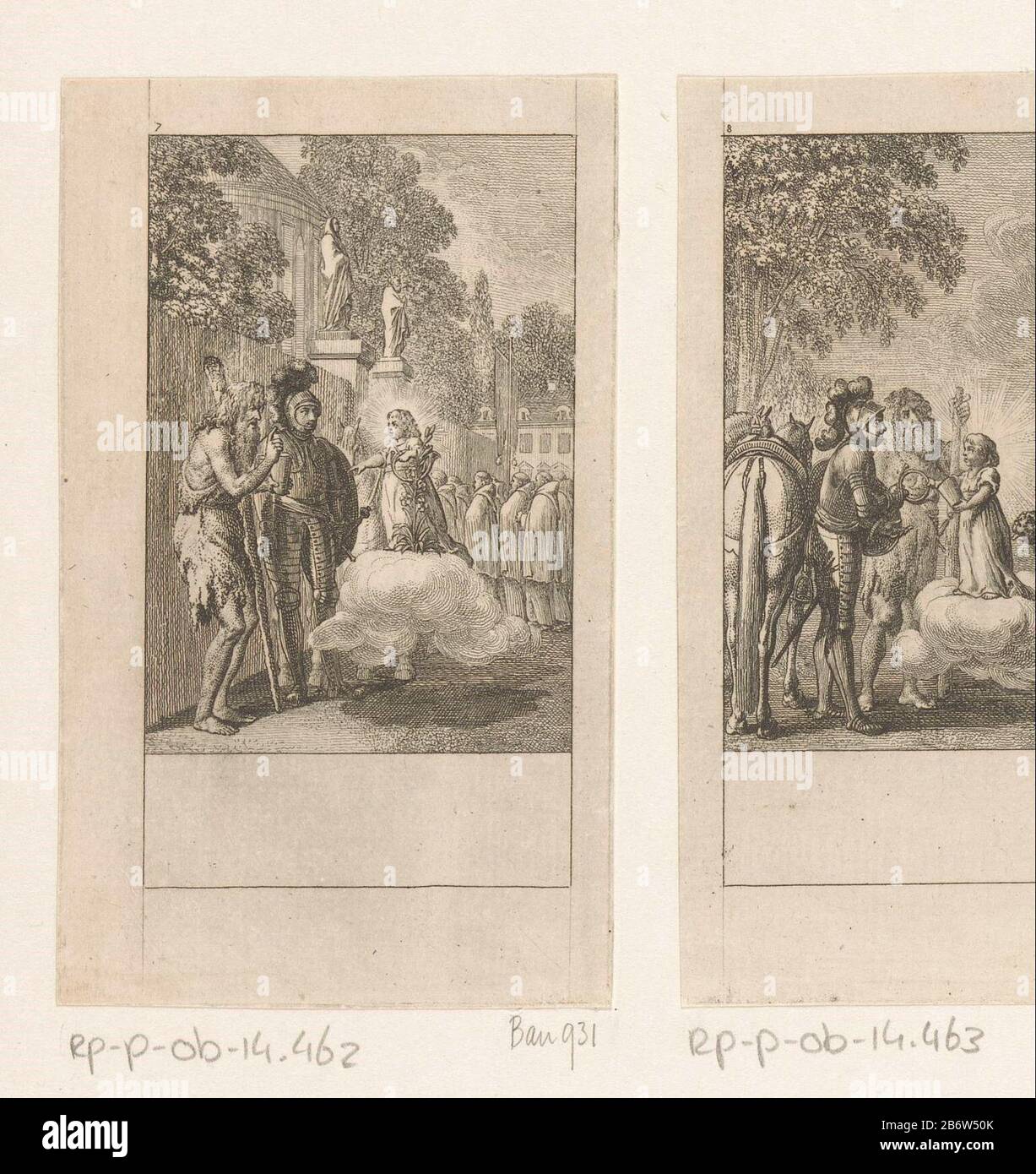 Oben links nummeriert 7. Hersteller : Druckerhersteller Daniel Nikolaus Chodowie: Ckinaar eigenes Design: Daniel Nikolaus ChodowieckiPlaats Herstellung: Berlin Datum: 17859 Physikalische Merkmale: Radierung; Proofing-Material: Papiertechnik: Ätzmaße: Blatt: H 110 mm (innerhalb der Kantenplatte geschnitten) × W 65 mm (innerhalb der Kantenplatte geschnitten) Anmerkungen Hergestellt Tres Sans' Huon de Bordeaux. Später wird verwendet für: Almanach de Gotha Contenant divers connaissances curie verwendet utiles et pour l'année MDCCLXXXIII. Gotha: CW Ettinger, 17823. Betrifft: Kind (zu Hause) sitzt oder steht auf Wolken wild Mann Wodewose, Woodhouse Rüstung goi Stockfoto