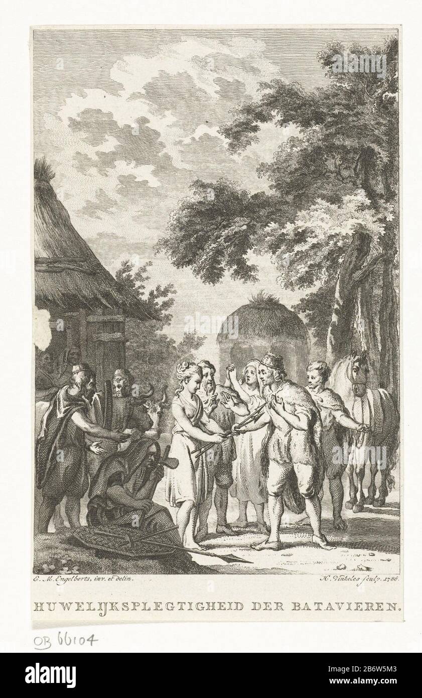 Huwelijksplechtighid bij de Bataven Huwelijksplegtighid der Batavieren (titel op object) Hochzeitsfeier auf der BatavenHuwelijksplegtighid The Batavians (title object) Immobilientyp: Drucken Geschichte Abbildung Buch Illustration Artikelnummer: RP-P-ob-66.104Catalogusreferentie: FMH-Museum 2 Aufschriften: Rijksplecutie Museum (2) Sammlermarke, verso, gestempelt: Lugt 2228 Hersteller : Druckmaschine: Harmanus Vinkeles (denkmalgeschütztes Eigentum) zur Zeichnung: Engelbertus Matthias Engelberts (denkmalgeschütztes Gebäude) Datum: 815 Körperliche Merkmale: Ätzung m Stockfoto