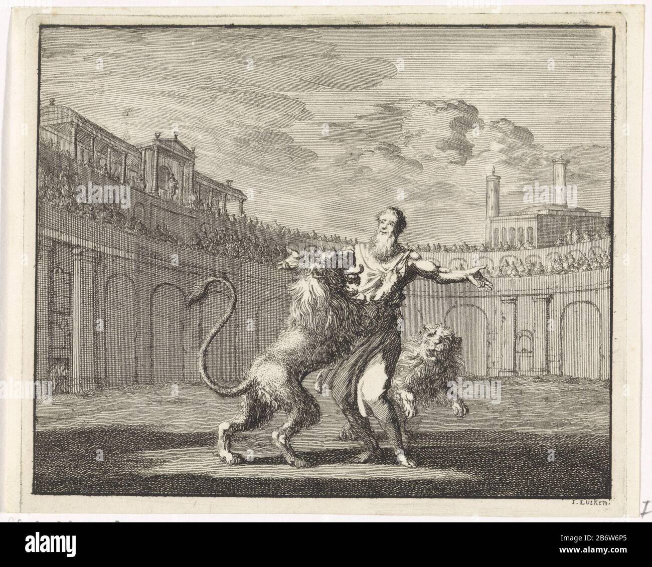 Der St. Ignatius von Antiochia befindet sich in einer römischen Arena und wird von zwei Löwen verscheuern. Hersteller : Druckerhersteller Jan Luyken (Listed Property) Ort Herstellung: Amsterdam Datum: 1701 Physikalische Merkmale: Radierung; Proofing Material: Papiertechnik: Ätzmaße: Blatt: H 134 mm × W 168 mmToelichtingProefduk eine Buchillustration Arnold Godfritts. Wo: E-Bild der ersten Christen. Amsterdam: Jacobus van Hardenberg, Barent Visscher und James of New Veen, 1700, Bd. 2. Betrifft: Die frühchristlichen Kirchen, z. B. Armenier, Kopten, SyriansSt. Ignatius von Antiochia wurde in t zu den Löwen geworfen Stockfoto
