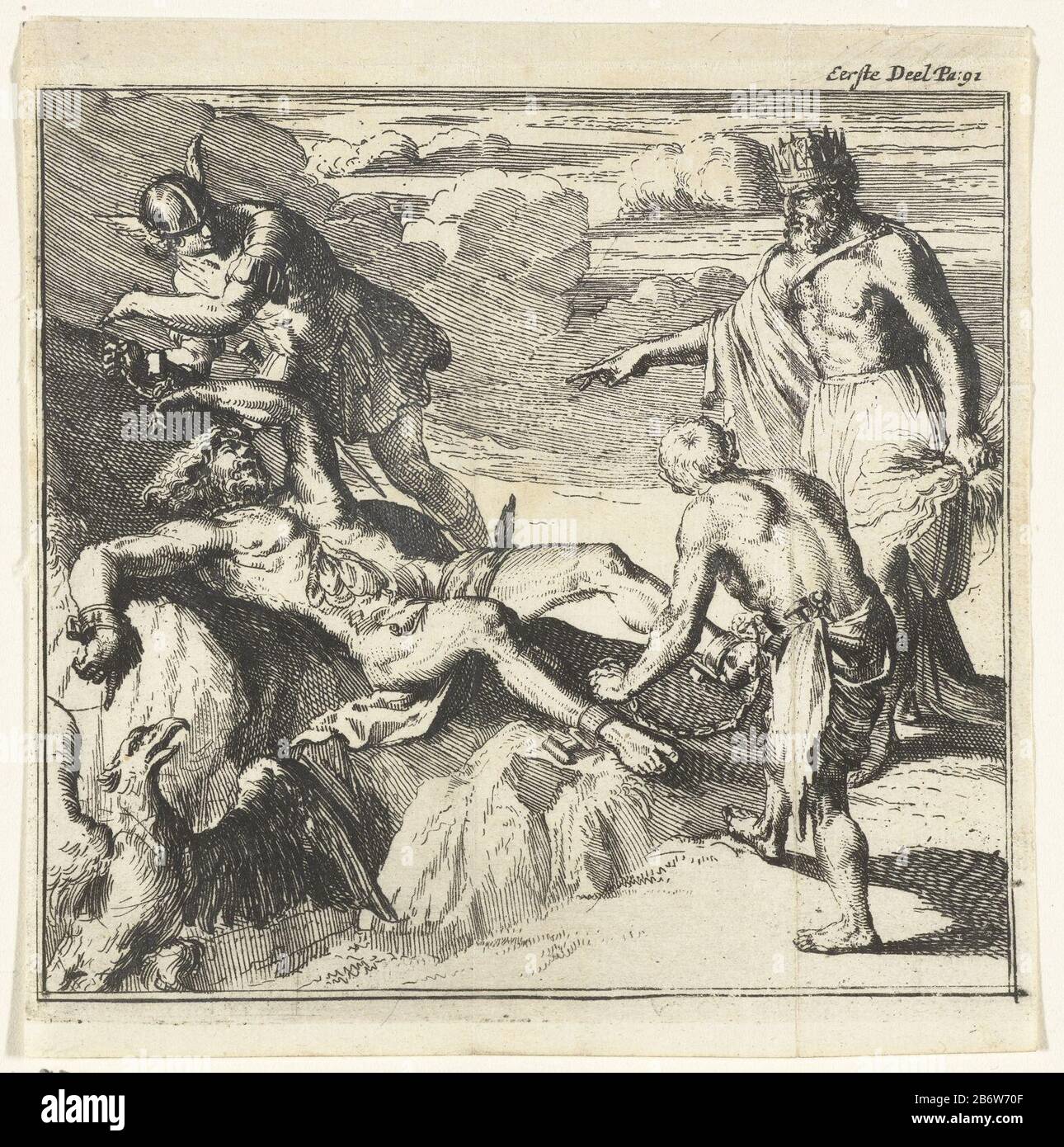 Illustratie voor "alle de werken" van Lucianus Prometheus ist verantwortlich für Jupiter von Merkur und Vulkan, der an einen Felsen gekettet ist, wo: Ein Adler täglich seinen Leberuitpikt. Hersteller: Druckmaschine: Romeyn de Hooghe zu eigenem Entwurf: Romeyn de Hooghe Ort Herstellung: Amsterdam Datum: 1679 Physikalische Merkmale: Ätzmaterial: Papiertechnik: Ätzmaße: Blatt: H 129 mm × W 126 mmToelichtingIllustratie für: Lucian, "Alle Werke" (Amsterdam: Jan Claesz bei Horn, 1679). Klinkert, C. Betreff: Bestrafung von Prometheus; er ist an eine Felsenbenthie gekettet, normalerweise von Vulcan und/oder Merkur Stockfoto