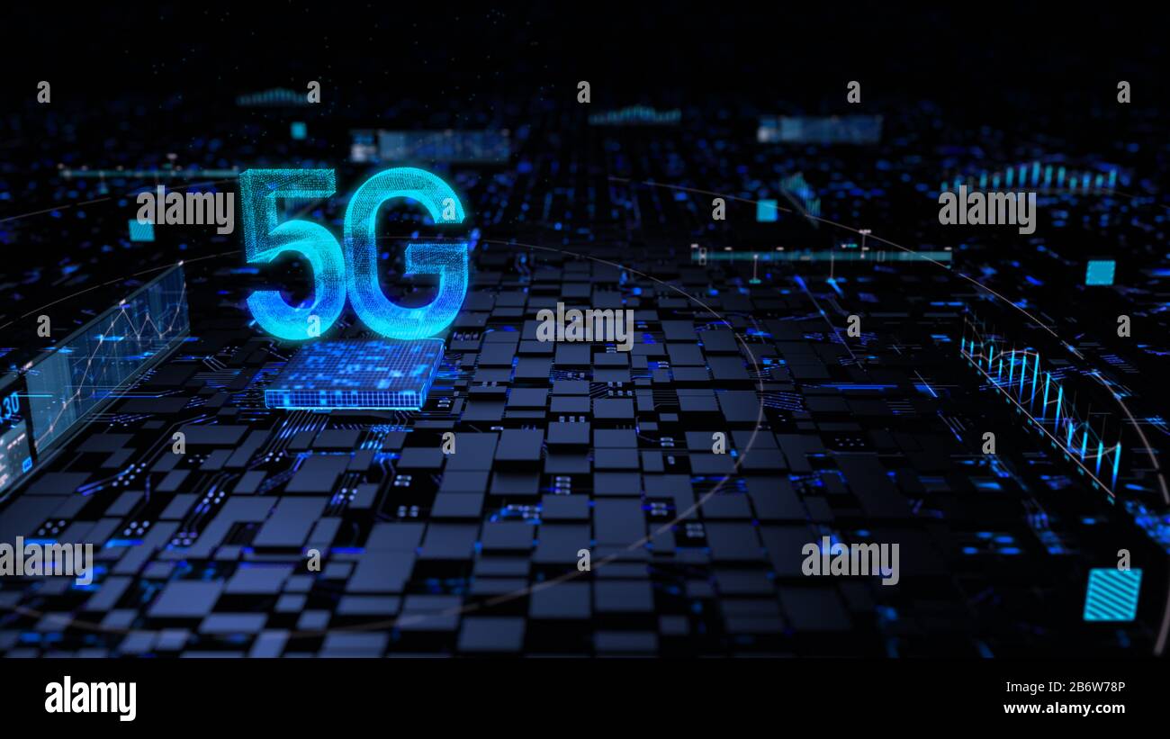 5G und Mikroprozessorchipsatz Zentralprozessoreinheit auf dem Beleuchtungskreis Computerplatine. Cyber- und futuristisches Konzept, Hardware, KI, elect Stockfoto