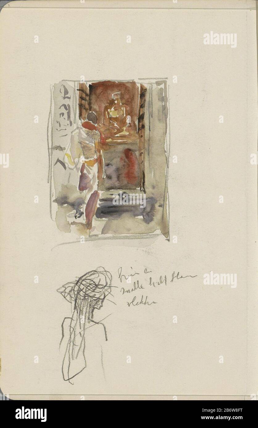 Indisch für eine Statue eines hindu-gottes Objekttyp: Skizzenblatt Artikelnummer: RP-T-1949-674-2 Aufschriften/Marken: Farbnotiz handschriftliche Definition: Auch eine Figurenstudie. Seite 2 aus einem Skizzenbuch mit 87 bladen. Hersteller : Künstler Marius Bauer Ort Herstellung: Indien Datum: 1924 - 1925 Körpermerkmale: Bleistift, schwarze Kreide und Bürste in Farbmaterial: Papier Aquarell Crayon Bleistifttechnik: Penseel Thema: Orte und Gegenstände der Anbetung  Hinduismus, Buddhismus, JainismAsiatische Rassen und Völker: Inder Kopf (Mensch) Stockfoto