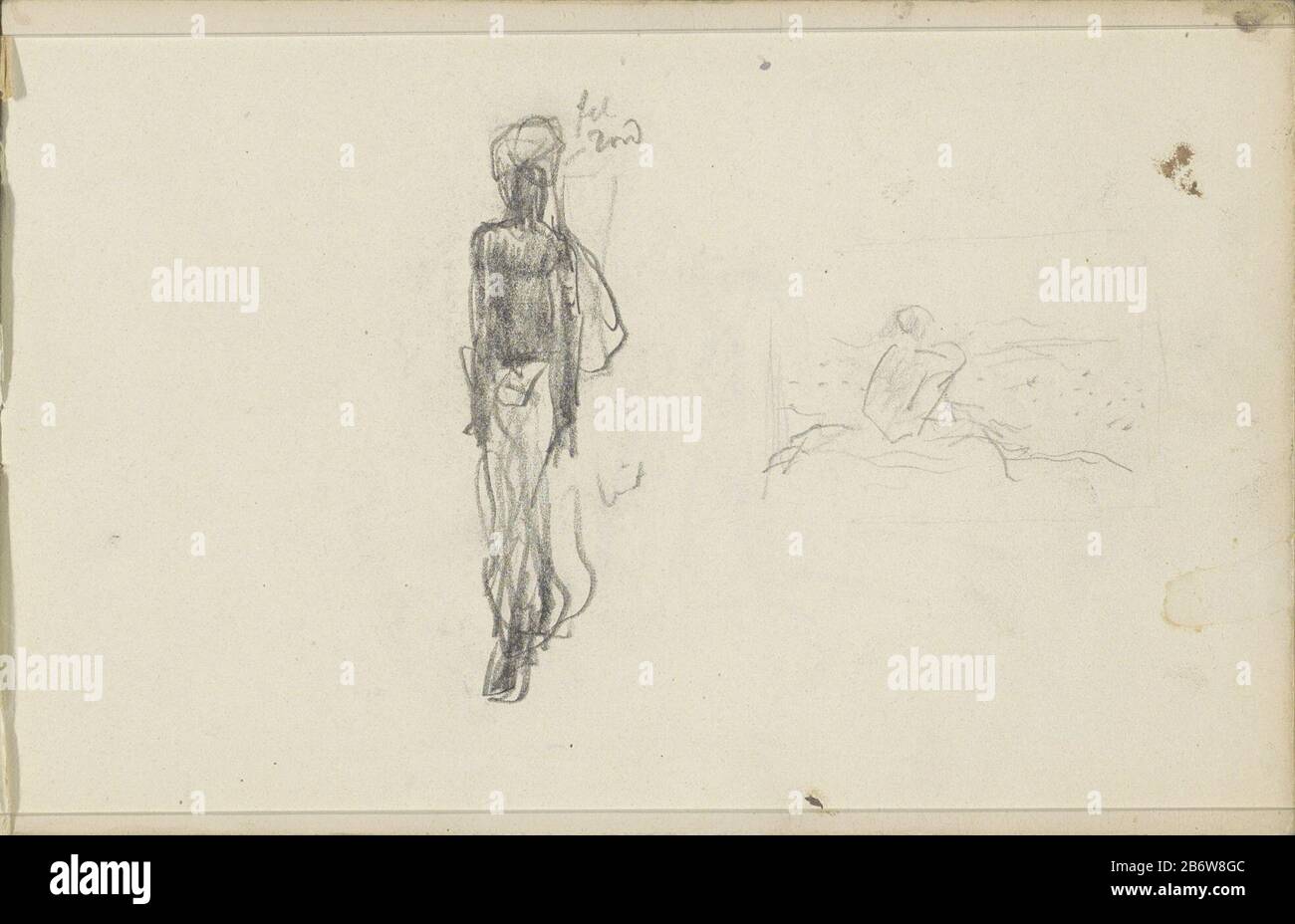 Inder mit Turban, vom vorderen Objekttyp aus gesehen: Skizzenblatt Objektnummer: RP-T-1949-676-1 Aufschriften / Marken: Note Farbe, handschriftliche Beschreibung: Außerdem eine Studie einer sitzenden Figur. Seite 1 aus einem Skizzenbuch mit 48 bladen. Hersteller : Künstler Marius Bauer Ort Herstellung: Indien Datum: 1924 - 1925 Physische Merkmale: Bleistift-Material: Papier Thema Bleistift: Asiatische Rassen und Völker: Inder Kopfbedeckung stehende Figur sitzende Figur Stockfoto