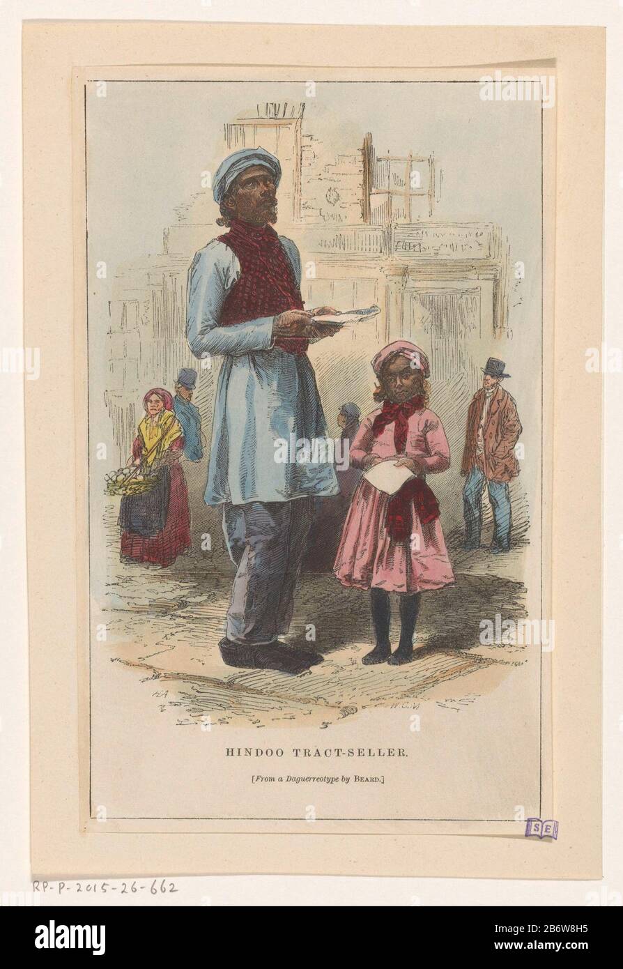 Indiase pamfletverkopers Hindoo Tract-seller (titel op object) a man and a girl with Pamphlets in their hands, houses and passersby in the achtergrond. Hersteller : Druckhersteller Walter George Mason (denkmalgeschütztes Gebäude), entworfen von Henry Anelay (denkmalgeschütztes Gebäude) für Bilder von Richard Beard (aufgeführt am Objekt) Datum: 1851 Physikalische Eigenschaften: Holzengra, handfarbenes Material: Papiertechnik: Holzengras / Handfarbenmessungen: Blatt: 198 mm × h 123 b mmToelichtingPrent stammt aus Abschnitt 1 von: Mayhew, Henry. London Labour und Die Londoner Armen. 4 Teile. London: 1851-1862. Betreff: Stre Stockfoto