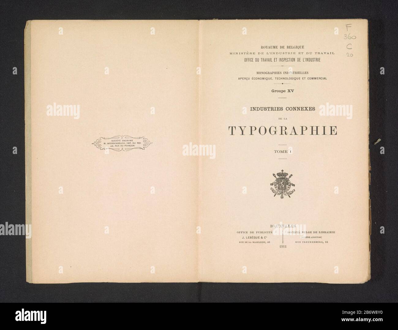 Industrien connexes de la Typographie / Royaume de Belgique, Ministère de l'Industrie et du travail, Office du travail et Inspection de l'Industrie (Titelobjekt) Objekttyp: Buch Artikelnummer: RP-F-2001 -7-1332 Aufschriften / Marken: Annotation, First Flyleaf Verso, handschriftlich: "Aug / 1991'annotie, recto-Titelseite handschriftlich" Dbl y2711 / XV'Vervaardiging dating: 1911 Material: Papiertechnik: Print / Holzwagen / Autotypie Abmessungen: H 252 mm × b 165 mm × d 12 mm Stockfoto