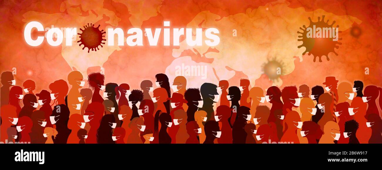 Coronavirus Epidemie und Pandemie-Banner. Diversität der Gruppenleute mit medizinischen Masken. Menschenmenge, die sich vor einer Virusinfektion selbst plant Stockfoto