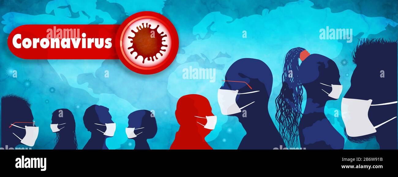 Coronavirus-Epidemie und Pandemie-Konzept. Diversität der Gruppenleute mit medizinischen Masken. Menschenmenge, die sich vor einer Virusinfektion selbst plant. Stockfoto