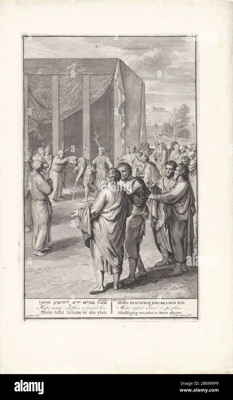 Inhuldiging van Jozua als Mozes' opvolger Amtseinführung von Joshua als Moses' Nachfolger Objekttyp: Bildband Illustration Artikelnummer: RP-P-1934-245Katalogogusreferenzid: Hollstein Dutch 105 Aufschriften / Marken: Sammlermarke, verso, gestempelt: Lugt 2228opschrift, verso, handschriftlich: 'Stiftung Veldhus: 'DUtrechter Beschreibung:' Moses ernennt Joshua zu seinem Nachfolger und legt ihm die Hände auf den Kopf in Gegenwart des Priesters Eleazar und der Gemeinschaft. Illustration der Bibel Deut. 31: 14-23 und Num. 27: 18-23. Unter den Show-Titeln in Hebräisch, Englisch, Deutsch, Latein, Französisch und Nederlands. M Stockfoto