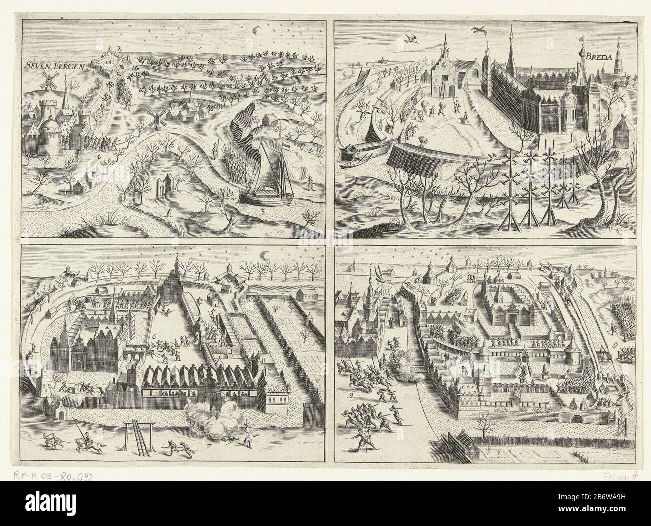 Inname van Breda, 1590 Einnahme von Breda durch die Armee der Staaten unter Maurice, 4. März 1590. Vier separate Szenen. Links oben: Einschiffungsturfschip; rechts: Das Turfschip-Abzugsschloss; links unten: Die Truppen kommen heraus, und kommen mit den Besatzern zu Schlägen; rechts: Die Ankunft der Truppen von Maurice und Flucht vor den Invasoren. Ohne die Legende unter dem Zopf. Hersteller: Druckmaschine: Bartholomeus Willemsz. Dolendo (zugeschrieben) zum Druck von: Bartholomeus Willemsz. DolendoPlaats Herstellung: Nordholland Datum: 1600 - 1601 und / oder 1619 Physische Merkmale: Engr Stockfoto