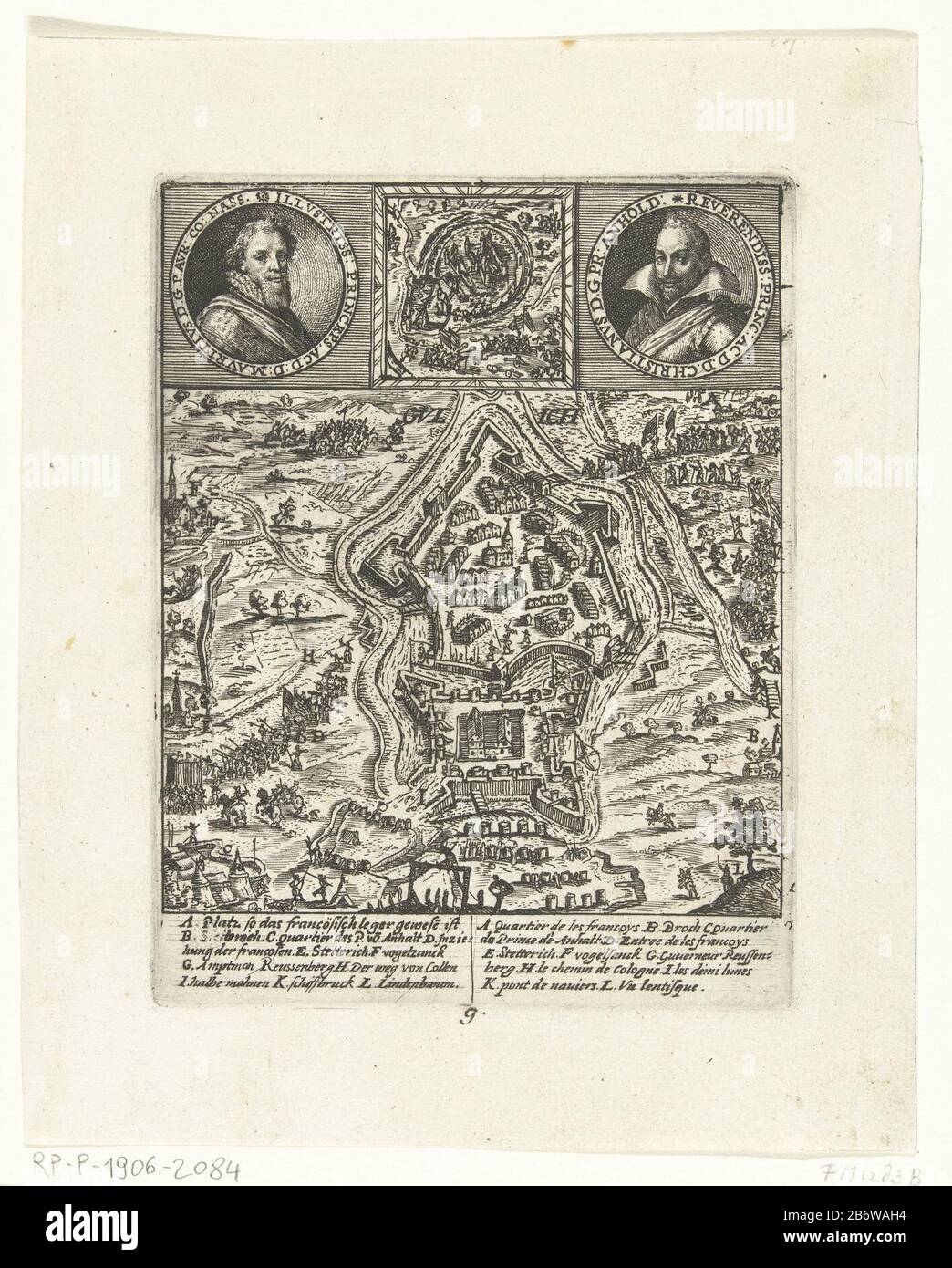 Infame van Gulik, 1610 Leaf mit Aufnahme Gulik 2. september 1610. Oben Rundporträts von Fürst Maurice und Christian I., Fürst von Sachsen-Anhalt auf beiden Seiten des Plans einer Festung oder Burg. In der Legende die Legende A-L auf Französisch. Unten Mitte von Hand nummeriert: 9. Hersteller : Druckmaschine: Crispijn von Passe (i) (möglich) Druckmaschine: Georg Keller (möglich) Druckmaschine von French High Mountain (Werkstatt) Herstellung: Druckmaschine: Nordholland Druckautor: Deutschland Datum: 1610 Physikalische Merkmale: Ätzmaterial: Papiertechnik: Ätzmaße: Plattenkante: H 160 mm × W 124 mmToelich Stockfoto