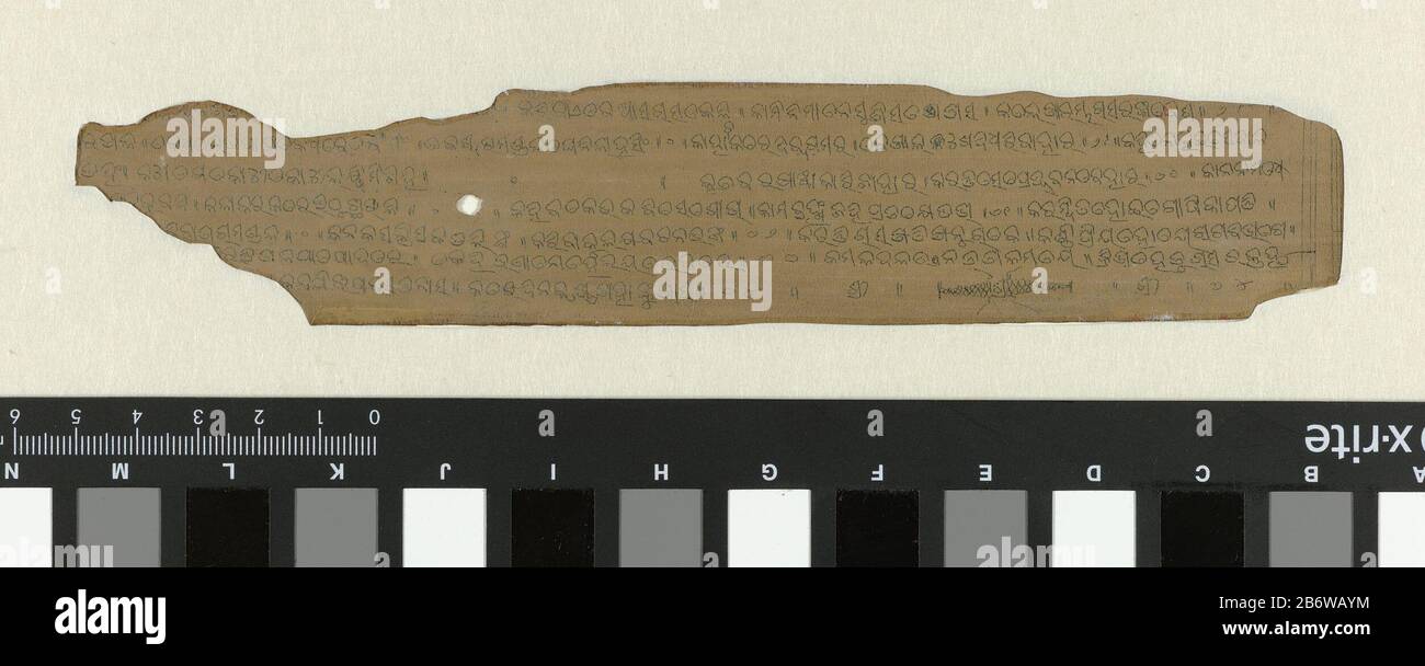 Inscriptie in oud-Indiaas schrift Onregelmatig Stuk karton traf Links ponsgaatje en aan de linkerkant uitlopend in een smallere punt. Hersteller : Zeichner: AnoniemPlaats Herstellung: Orissa dating: 1800 - 1900School / stijl: Orissa-School Physical Kenmerken: Penseel in zwart op karton Material: Karton Techniek: Penseel Abmessungen: Karton met Voorstelling: H 41 mmkartonstuk: B 201 mmkarton met voorstelling mm B 210 Stockfoto