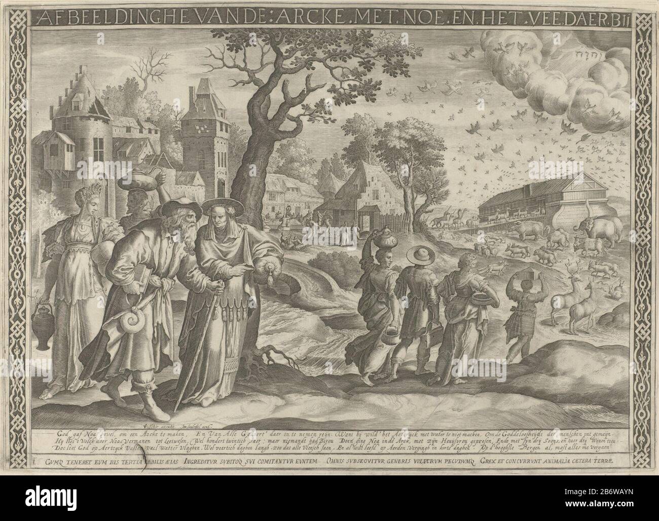 Inscheeping van de Arche van Noach Afbeeldinghe vande Arcke traf Noe en het vee daerbij (titel op object) Royaalbijbel (serietitel) Noah und seine Frau verließen den Vordergrund, spazieren zusammen mit ihren drei Söhnen und Töchtern in die Arche. Die Tiere zwei mal zwei in die Arche. Direkt in der Luft ist das Tetragrammaton des Vaters ein Symbol Gottes. Unter dem Aufführungstext auf Niederländisch und einer Textzeile im Latijn. Hersteller : der Druckhersteller Jan van Londerseel (denkmalgeschütztes Gebäude), Herausgeber Claes Jansz. Visscher (II) (denkmalgeschütztes Gebäude) Verlag: Nicolaes Visscher (I) Verlag: Nicolaes Visscher (II) Place manufactu Stockfoto