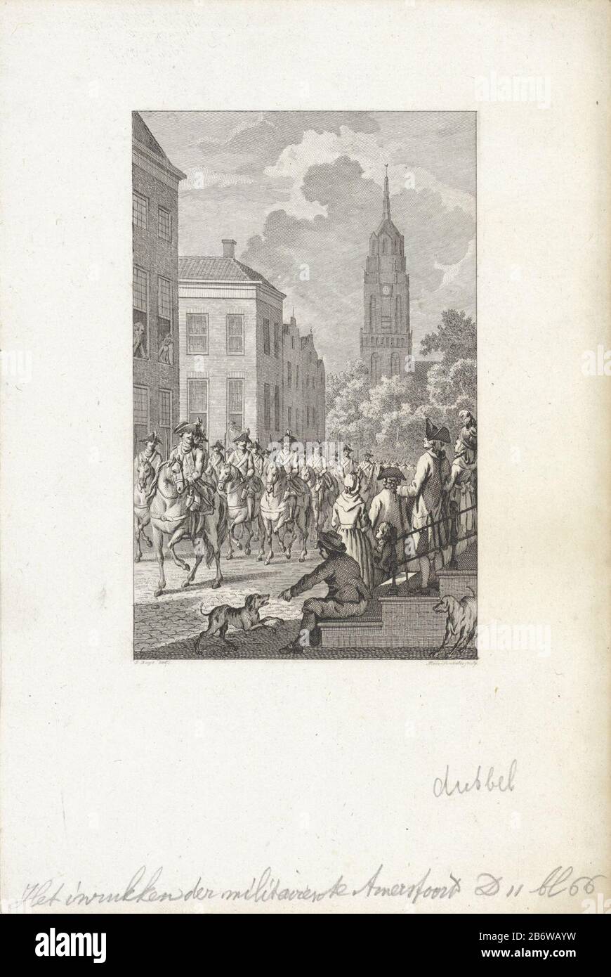 Inrukken van miltairen in Amersfoort, 810 Einrukken von Soldaten in Amersfoort, 810 Objekttyp: Print History Picture Item Number: RP-P-ob-64.084Catalogusreferentie: FMH 4644-aCollectie Rijksmuseum 1 (2) Hinweis: Zwei Staaten in der Beschreibungssammlung des Rijksmuseums Zur Last von Fürst Wilhelm V. und werden auf bitten des Exekutivrats von Utrechter, 16. August 17810, gedruckt. Soldaten ziehen ein Pferd durch eine Straße Amersfoort. Hersteller: Druckmaschine: Reinier Vinkeles (I) (denkmalgeschütztes Gebäude) zum Zeichnen: Jacobus Kauft (unter Denkmalschutz stehende Immobilie) Ort Herstellung: Amsterdam Datum: 173 Physic Stockfoto