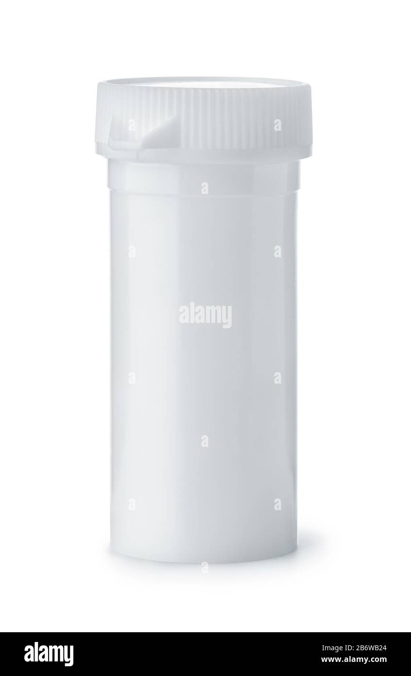Weißes medizinisches Tablettenröhrchen aus Kunststoff isoliert auf weiß Stockfoto