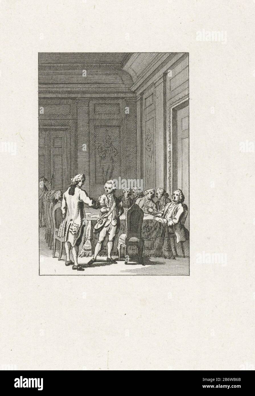 Installatie van Willem V als erstadhouder, 1766 die Installation von Prinz William V. als erblicher Stadtbesitzer in die States-General am 8. März 1766. Der Fürst nimmt an einer Sitzung der States Generaal Teil. Hersteller: Druckmaschine: Reinier Vinkeles (I) Druckhersteller Cornelis Bogert zur Zeichnung von: Jacobus Kauft Platzfertigung: Nordholländer Datum: 170-95 Physikalische Eigenschaften: Radierung, Prüfdruck vor dem Briefmaterial: Papiertechnik: Ätzmaße: Blatt: H 157 mm × W 112 mmToelichtingGebruikt als Illustration in: J. Fokke, Geschichte der Vereinigten Niederlande für Stockfoto