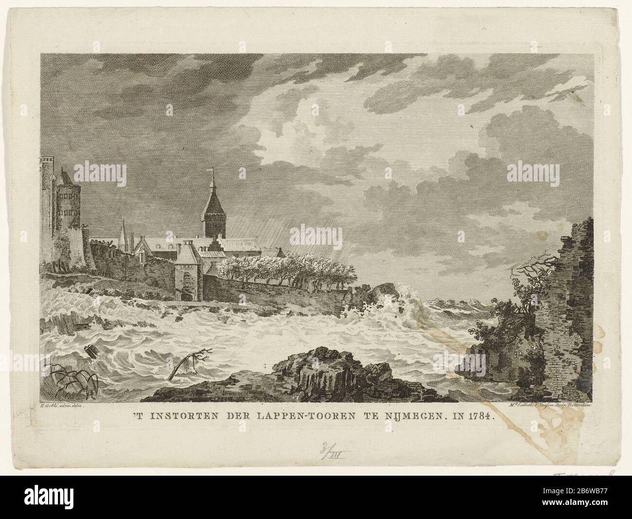Instorten van de Lappentoren te Nijmegen, 1720 't Instorten der Lappen-tooren te Nijmegen Im Jahr 1744 (titel op object) Der Einsturz des Lapps-Turms die Wälle von Nijmegen während des Hochwassers in der Waal am 4. März des Jahres 174. Hersteller: Druckmaschine: Mathias-Sallieth (denkmalgeschütztes Gebäude) Druckmaschine: Franciscus Sansom (denkmalgeschütztes Gebäude) zum Zeichnen H. Goble (denkmalgeschütztes Eigentum) Herstellung: Druckmaschine: Rotterdam-Druckmaschine Autor: Rotterdam im Zeichnen: Nijmegen Datum: 1780-898989890-89632 Physikalische Eigenschaften: Ätzung und Engra-Material: Papiertechnik: Ätzung / Engra-Vermessung (Druckverfahren) Maße: Platte Stockfoto