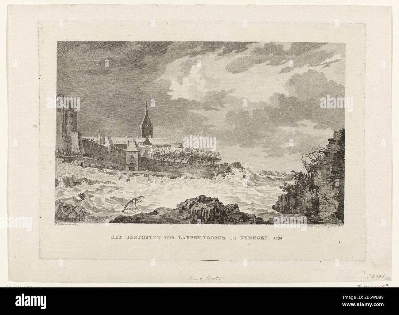 Instorten van de Lappentoren te Nijmegen, 1704 Het instorten der Lappen-tooren te Nymegen 1704 (titel op object) Der Einsturz des Lapps-Turms auf den Wällen von Nijmegen während des Hochwassers in der Waal am 4. März des 4. Hersteller: Druckmaschine: Mathias-Sallieth (denkmalgeschütztes Gebäude) Druckmaschine: Franciscus Sansom (denkmalgeschütztes Gebäude) zum Zeichnen H. Goble (denkmalgeschütztes Eigentum) Herstellung: Druckmaschine: Rotterdam-Druckmaschine Autor: Rotterdam im Zeichnen: Nijmegen Datum: 1780-898989890-89632 Physikalische Eigenschaften: Ätzung und Engra-Material: Papiertechnik: Ätzung / Engra-Vermessung (Druckverfahren) Maße: Platte Stockfoto
