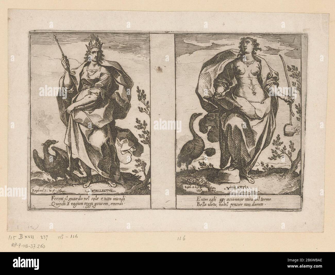 Intellect en Waakzaamheid Attributen van de ziel (serietitel) Attributi dell'Anima (serietitel) Zwei Darstellungen von Personifikationen. Links: Intellekt (intellektuus) als Frau mit einem Zepter und einer Kronenverbrennung. Zu ihren Füßen ein Adler. Richtig: Wachsamkeit (Vigilantia) als Frau mit Buch und Öllampe. Zu ihren Füßen ein Kran, der auf einem Felsen auf einem Bein steht und im Kiefer aufgerichtet ist. Beide Auftritte mit zwei italienischen Versen im ondermarge. Hersteller: Druckmaschine: Raffaello Schiaminossi (denkmalgeschütztes Gebäude) in seiner Gestaltung: Raffaello Schiaminossi (denkmalgeschütztes Objekt) Herstellung: Italien Datum: Appro Stockfoto