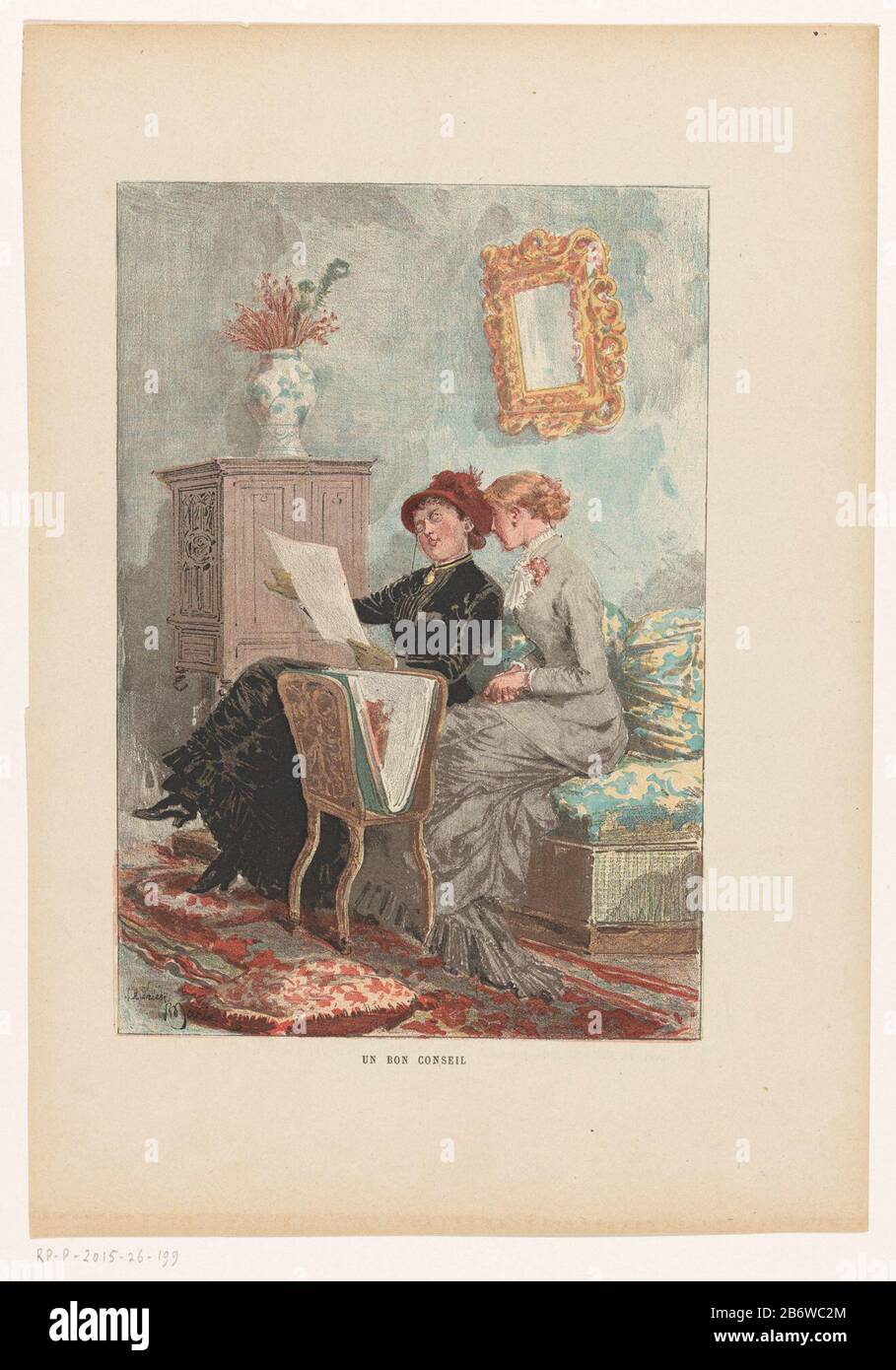 Interieur traf twee vrouwen die pränten der tekeningen bekijken Un bon conseil (titel op object) Frauen, die auf einem Sofa sitzen, eine Print-Standard-Henne. Hersteller: Druckmaschine: Gillot zum Entwurf: Adrien Emmanuel Marie (denkmalgeschütztes Gebäude) Drucker: Lahureuitgever Ludovic BaschetPlaats Herstellung: Paris Datum: 1881 Physikalische Merkmale: Fotomechanisches Verfahren, Text auf Verso Druckmaterial: Papiertechnik: Fotomechanisches Verfahren / Druckformate: Blatt: H 316 mm × W 219 mm ToelichPrent out: Benard, Daniel. Le Musée de la Jeunesse. Paris: L. Baschet, 1881. Subjektdruck, z. B.: ENGRAA, Ätzung, Lithog Stockfoto