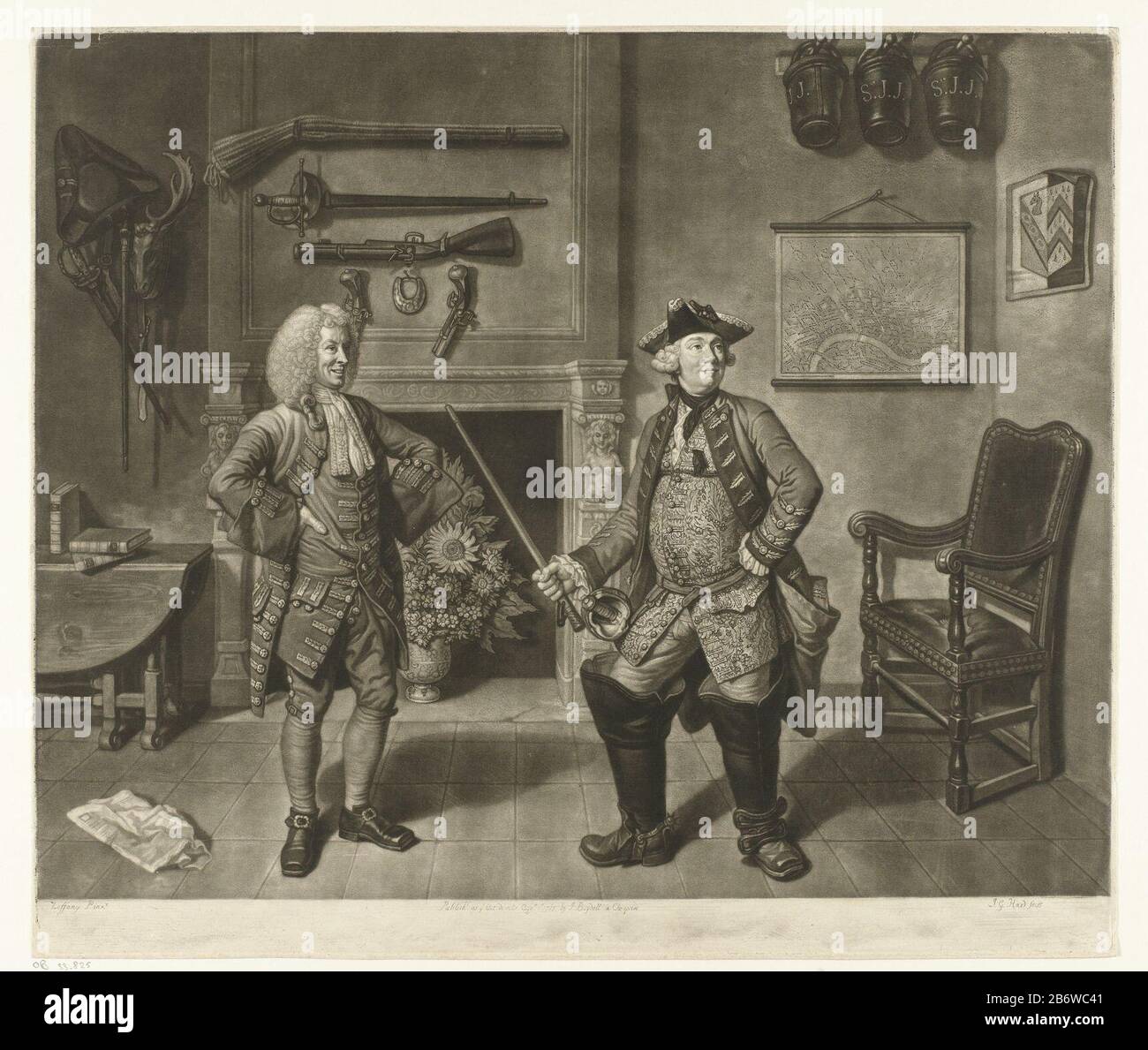 Interieur met twee mannen met wapens Interior mit zwei Männern mit Waffenobjekttyp: Bild Artikelnummer: RP-P-ob-33.825 Aufschriften / Marken: Sammlermarke, Verso, gestempelt: Lugt 240 Hersteller : Druckhersteller Johann Gottfried Haid (Listed Property) zum Malen : John Zoffany (indiziert auf Objekt) Herausgeber: J. Boydell (auf dem Objekt angegeben) Herstellung: Château de Villette * Datum: 1764 Physikalische Eigenschaften: Mezzotint und Ätzmaterial: Papiertechnik: Mezzotint / Ätzmaße: Plattenkante: H 432 mm × W 506 mm Betreff: Waffe Stockfoto