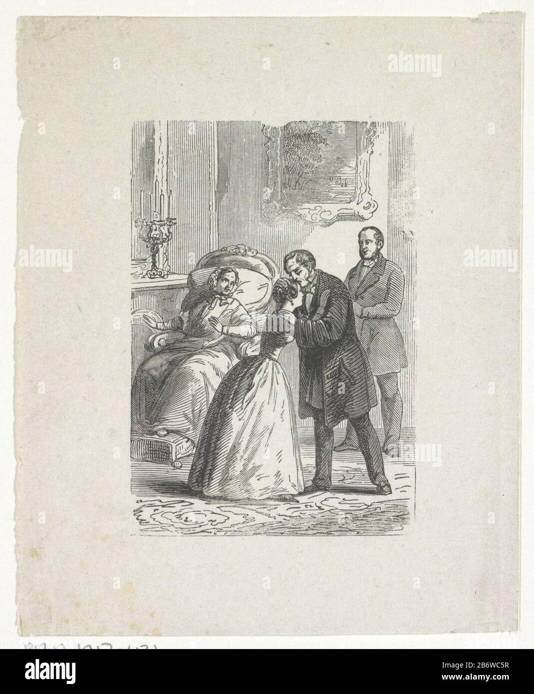 Interieur traf vier figuren EINE Frau ist in einem Stuhl und erwärmt ihre Hand in einem Feuer. Ein Mann und eine Frau, die sich gegenseitig halten. Ein zweiter Mann daneben. Im Hintergrund steht ein Gemälde an der Wand und auf dem schouw befindet sich ein Kerzenleuchter. Hersteller : Druckmaschine: Rombertus Julian von ArumPlaats Herstellung: Amsterdam Datum: 18-1883 Physische Merkmale: Holz-Engras-Material: Papiertechnik: Holz-Engras Abmessungen: Blatt: H 145 mm × W 118 mm Stockfoto