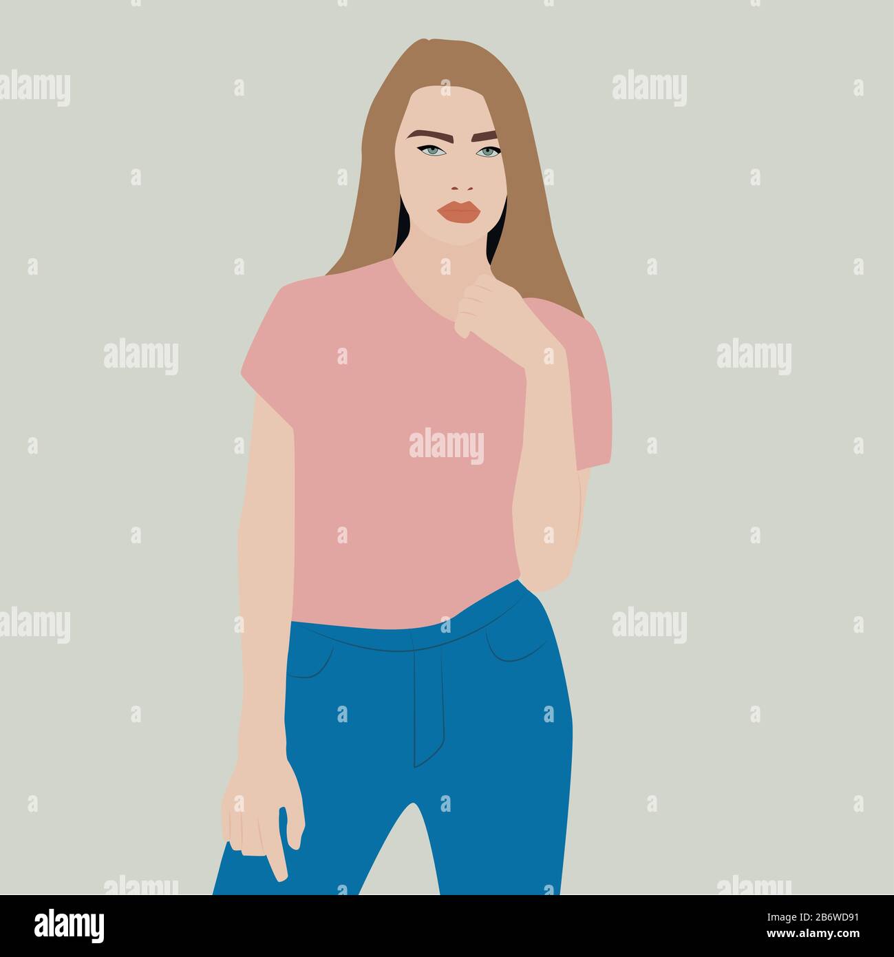 Mädchen in Jeans, Illustration, Vektor auf weißem Hintergrund. Stock Vektor