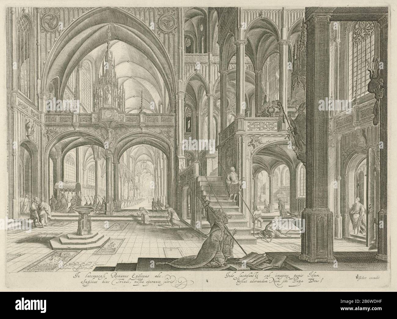 Interieur van de Sint-Jan van Lateranen te Rome Innere der Basilika St. Johannes Lateran, Rom. Am Rand eine vierzeilige Unterschrift in Latijn. Hersteller: Der Druckhersteller Jan van Londerseel (börsennotiertes Objekt) wurde von: Hendrick Aerts (denkmalgeschütztes Gebäude) Herausgeber Claes Jansz entworfen. Visscher (II) (denkmalgeschütztes Gebäude) Herstellung: Amsterdam Datum: 1601 - 1652 Abmessungen: Plattenkante: H 307 mm × W 413 mm Betreff: Innenraum der Kirche wo: St. Johannes Lateranen Stockfoto