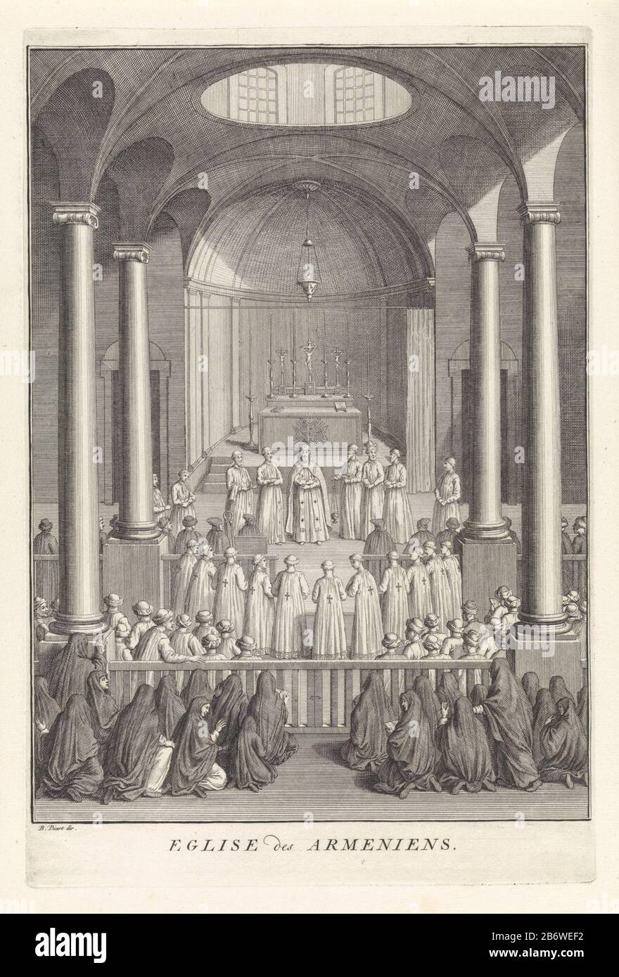 Interieur van een Armeens-apotisch kerk Eglise des Armeniens (titel op object) Das Innere einer Armenkirche zu der Zeit, die einen Gottesdienst abhielt. Männer und Frauen sitzen gesteiden. Hersteller: Druckmaschine: Bernard Picart (Studio) Aufsicht: Bernard Picart (Listed Property) Ort Herstellung: Amsterdam Datum: 1733 Physische Merkmale: Radierung und Engra-Material: Papiertechnik: Radierung / Engra-Abmessungen: Plattenkante: H 336 mm × W 223 mmToelichtingPrent verwendet und möglicherweise in anderen Ausgaben verwendet: Picart, Bernard. Ceremonies et coutumes religieuses de tous les peuples du monde ( Stockfoto