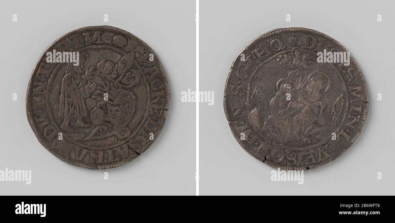 Interimswagen Augsburg, Tür Karel V op de Rijksdag afgekondigd Zilveren Penning. Voorzijde: Christus staande tegenover een Monster met een engelen-, pausen- en Turkenkop, voorstellende het interim binnen omschrift. Keerzijde: Johannes de Doper doopt Christus; boven hen de Heilige Geest in gedaante van vogel in stralenkrans binnen omschrif Hersteller: AnoniemPlaats Herstellung: Maagdatierung: 1549 Material: Zilver Techniek: Slaan Abmessungen: D 4,1 cm. × g 27,45 gr Datum: 1548-05-15 - 1548-05-15 Stockfoto