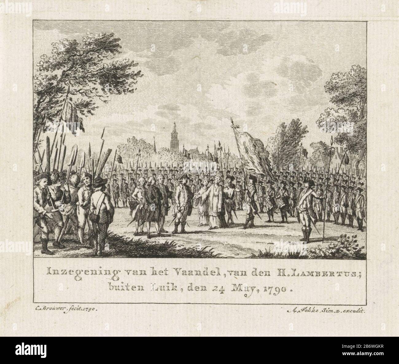 Inzegening van het vaandel, buiten Luik, 1701 Inzegening van het Vaandel, van den H Lambertus buiten Luik, den 24. Mai, 1700 (titel op object) Segen des Banners der Miliz von St. Lambert, außerhalb von Liège, am 24. Mai, um den 24. Mai, den Tag des Jahres. Wo: Offenbar eine Episode aus der brabantischen Revolution (1789-1790) . Hersteller: Druckerei-Verleger Cornelis Brouwer (denkmalgeschütztes Gebäude): Arend Fokke Simonsz. (Auf dem Objekt abgebildet) Herstellung: Druckmaschine: Northern Netherlands Herausgeber: Amsterdam Datum: 170/90 Physikalische Eigenschaften: Ätz- und Engra-Material: Papiertechnik: Ätzung/Engra-Material (Druckverfahren) Stockfoto