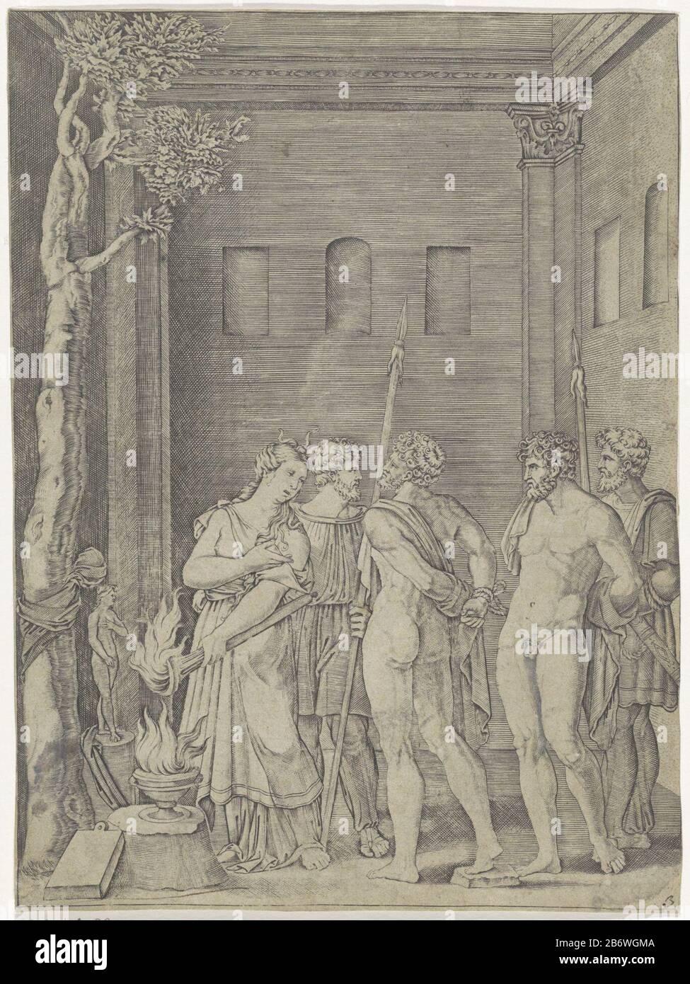 Iphigenia herkent Orestes Iphigenia, die Preisträgerin von Diana, erkennt ihren Bruder Orestes und seinen Freund Pylades. Die Männer werden Diana mit Handschellen überfallen, um geoffert zu werden. Hersteller: Druckmaschine: Agostino Venezianonaar Design: Baccio Bandinelli (möglich) Ort Herstellung: Italien Datum: 1500 - 1536 Physische Merkmale: Fahrzeugmaterial: Papiertechnik: Engra (Druckverfahren) Abmessungen: Blatt: H 263 mm × W 194 mm Betreff: Iphigenia Erkennt ihren Bruder Orestes Stockfoto