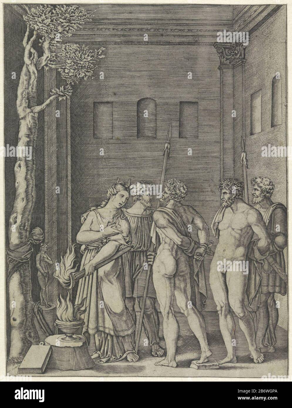 Iphigenia herkent Orestes Iphigenia, die Preisträgerin von Diana, erkennt ihren Bruder Orestes und seinen Freund Pylades. Die Männer werden Diana mit Handschellen überfallen, um geoffert zu werden. Hersteller : Design Agostino Venezianonaar von:: Druckerhersteller Baccio Bandinelli (möglich) Ort Herstellung: Italien Datum: 1500 - ca. 1536 Physische Merkmale: Fahrzeugmaterial: Papiertechnik: Engra (Druckverfahren) Betreff: Iphigenia Erkennt ihren Bruder Orestes Stockfoto