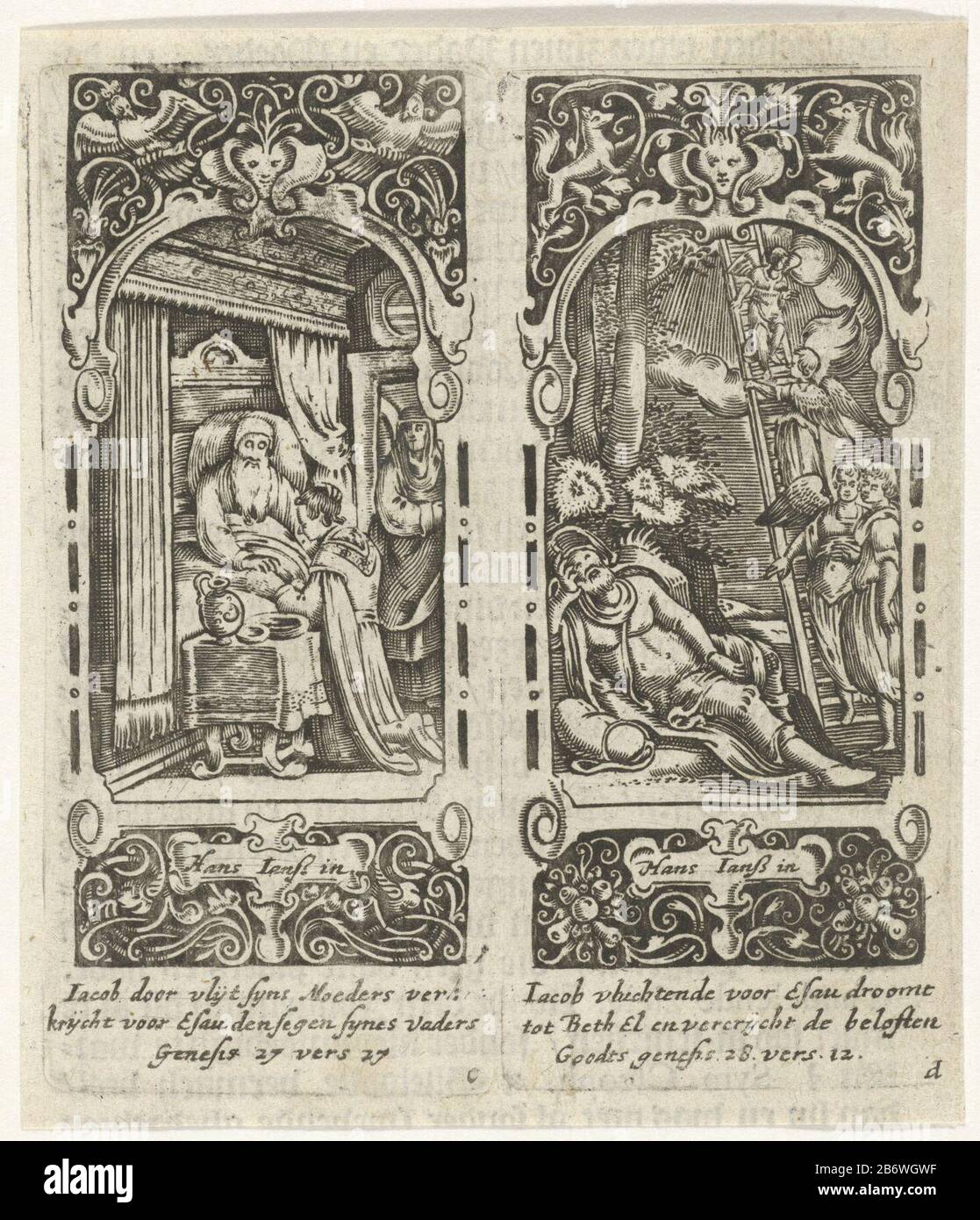 Zwei Drucke auf einem Zierrahmen. Isaac liess sich auf dem Bett liegen und segne seinen Sohn Jacob, der neben dem Bett kniet. In der Türöffnung steht Rebekah (Gen. 27:27). Rechts steigen ein schlafender Jakob und vier Engel über eine Leiter vom Himmel herab (gen. 28:12). In der Überschrift Ränder auf Niederländisch. Dritter und vierter Druck (c und d) einer Serie von sechs Szenen aus dem Leben von Jakob. Hersteller: Entworfen von Hans Janssen (denkmalgeschütztes Gebäude) Druckmaschine: Anonymer Ort Herstellung: Amsterdam Datum: 1615 - 1651 Physische Merkmale: Fahrzeugmaterial: Papiertechnik: Engra (Druckverfahren) Messungen: Platte ed Stockfoto