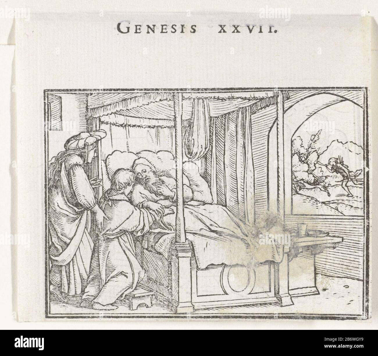 Isaak zegent Jakob Der alte und blinde Isaac, der in einem Bett liegt und seinen Sohn Jakob segnet. Hinter dem Bettseitknecht ist Jakob seine Mutter Rebekah. Durch das Fenster führt der erstgeborene Sohn Esau mit Bogen- und Pfeiljagd nach wildem Sichtbarmachen. Im Rand über dem Bild befindet sich der Text Genesis XXVII. Hersteller: Druckhersteller: Hans Holbein (II) sind Blockschneider: Veit Rudolf Speck Linda Tering: 1538 Physikalische Eigenschaften: Holzblockmaterial: Papiertechnik: Holzblockmaße: Bild: H 60 mm × b 85 mmblad: H 84 mm h × 97 mmToelichtingHoutblok erstmals verwendet in: Literature Utriusque Testamentiuxta Vulgatam Stockfoto